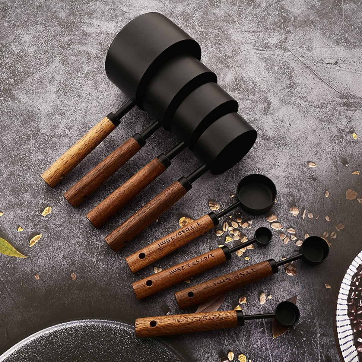 8 pieces Black Measuring Cups Set and Measuring Spoons Set with Scale Wooden Handle Stainless Steel Dry & Liquid Measuring Cup for Cooking Baking – Convenient Carry Handles for Streamlined Everyday Routines