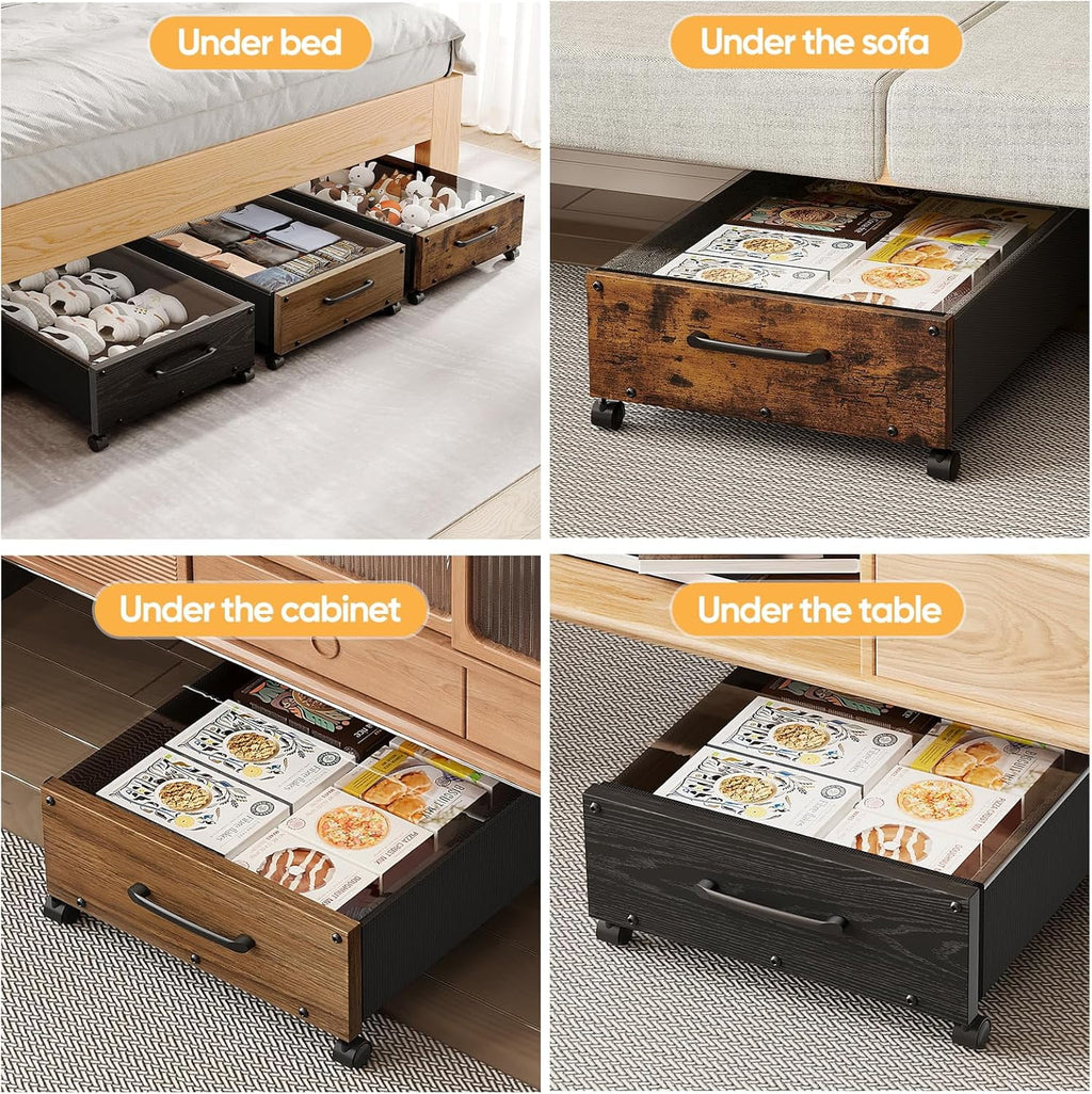 Wooden Under Bed Storage with Wheels Rolling Under the Bed Storage Bins with Removable Lid Metal Under Bed Drawers for Clothes and Shoes in Bedroom or Living Room(Black Wood-2pack) – Easy-Roll Mobility for Streamlined Everyday Routines
