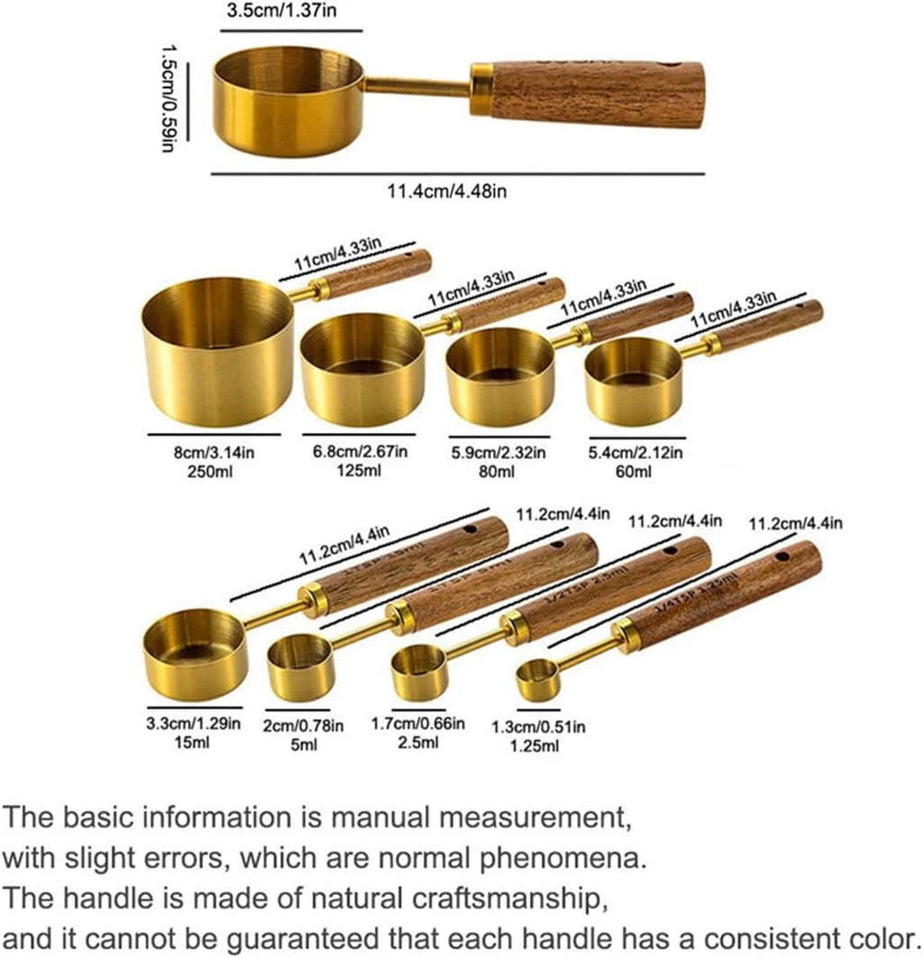 8 pieces Golden Measuring Cups Set and Measuring Spoons Set with Scale Wooden Handle Stainless Steel Dry & Liquid Measuring Cup for Cooking Baking – Convenient Carry Handles for Streamlined Everyday Routines