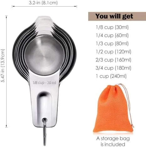 Measuring Cups 7PCS Stainless Steel Measuring Cups with a Storage Bag for Cooking & Baking Dishwasher Suitable – Durable Stainless Steel Construction for Streamlined Everyday Routines