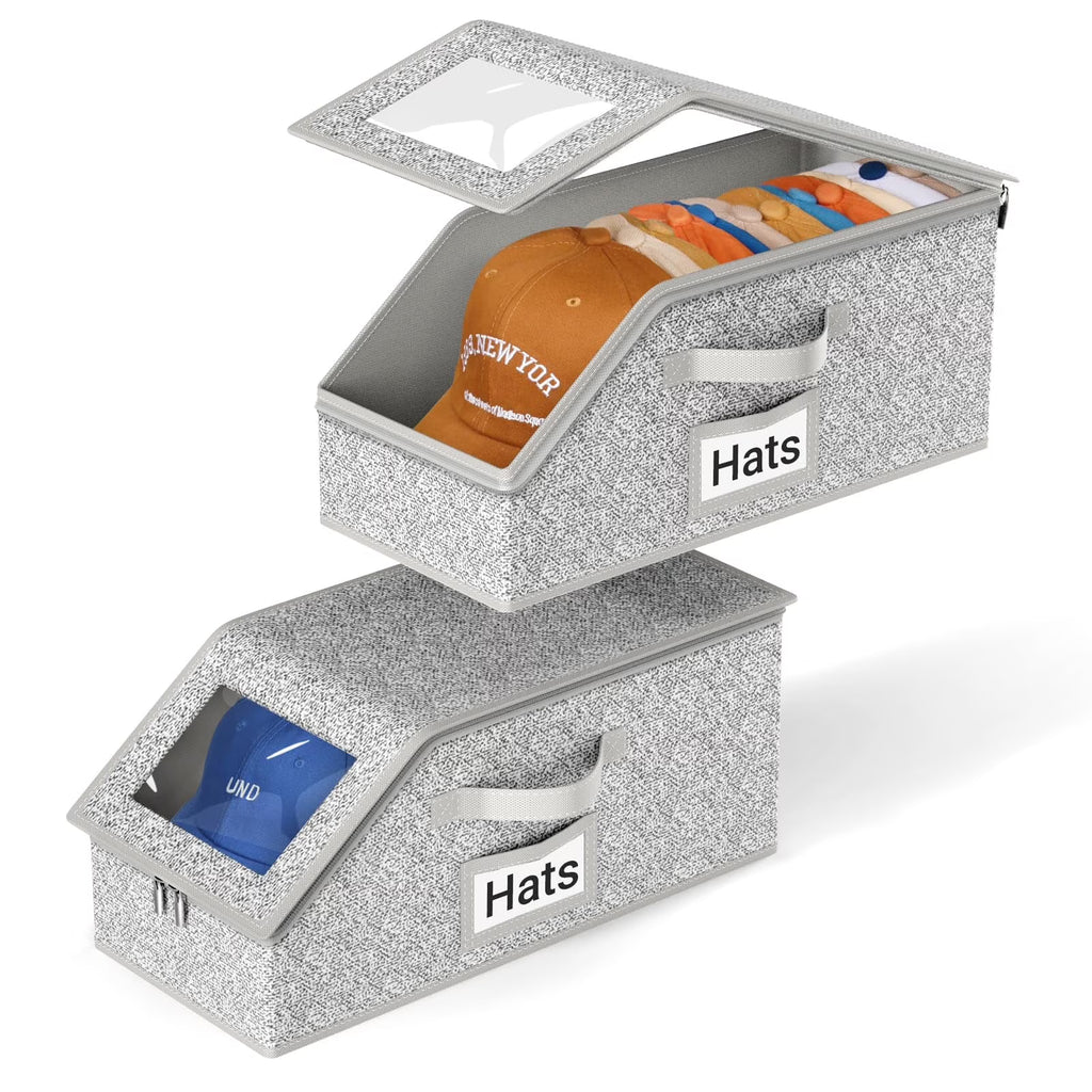2 Pcs Stackable Hat Storage for Baseball Caps Holds up to 24 Caps Hat Organizer for Closet Sturdy Snapback Boxes for Men with Cardboard Grey – Stackable Organization for Streamlined Everyday Routines