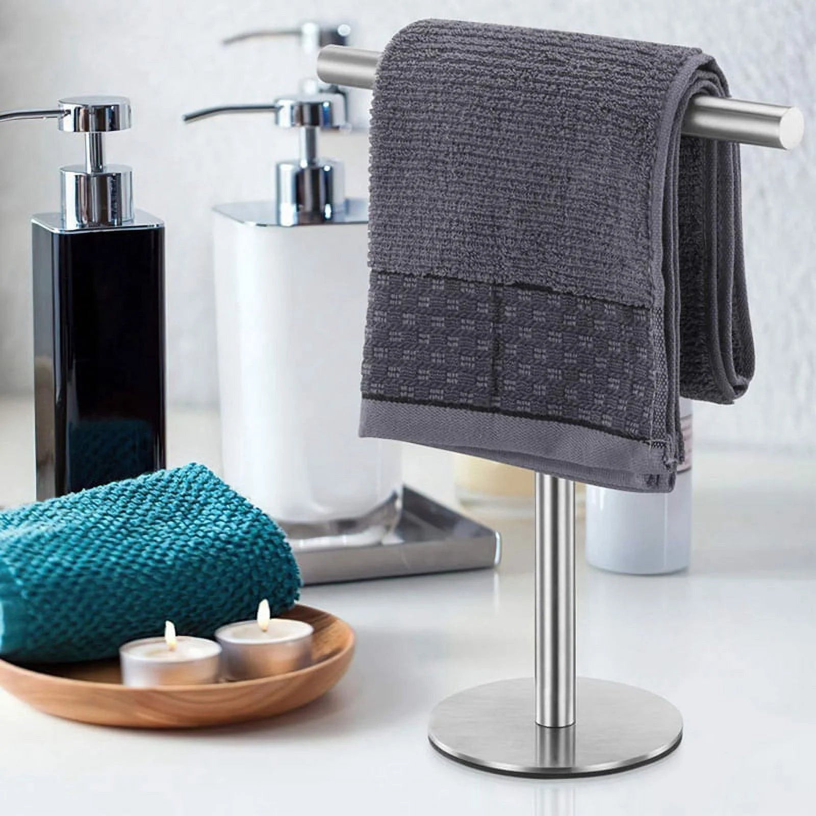 Brushed Standing Towel Rack Heavy Duty Base Stainless Steel T-Shaped Hand Towel Stand for Bathroom Kitchen. – Durable Stainless Steel Construction for Streamlined Everyday Routines