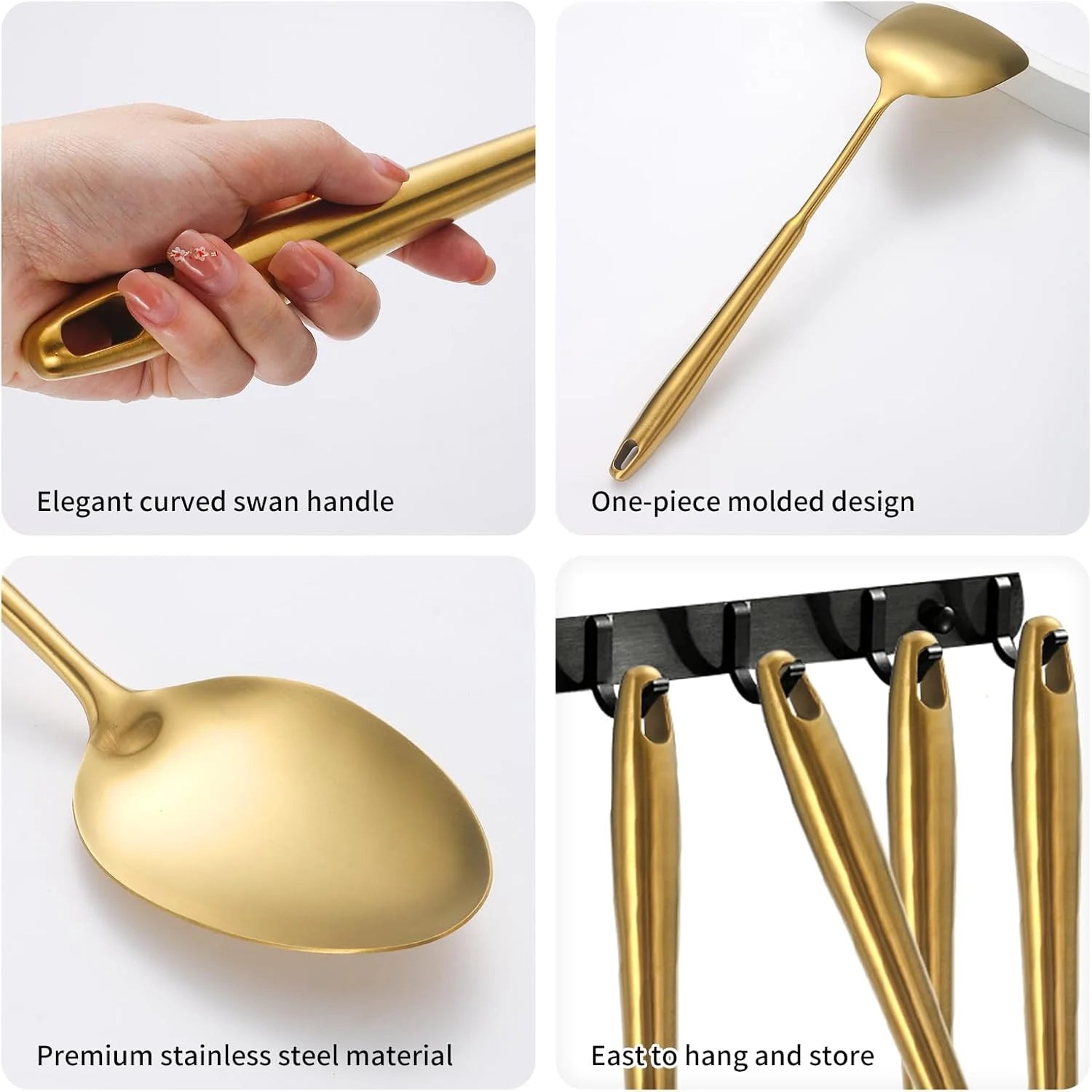 304 Stainless Steel Cooking Utensils,6 Pcs Kitchen Cooking Utensils Set with Spatula Solid Spoon Ladle Skimmer Spaghetti Spoon,Dishwasher Suitable(Gold) – Durable Stainless Steel Construction for Streamlined Everyday Routines