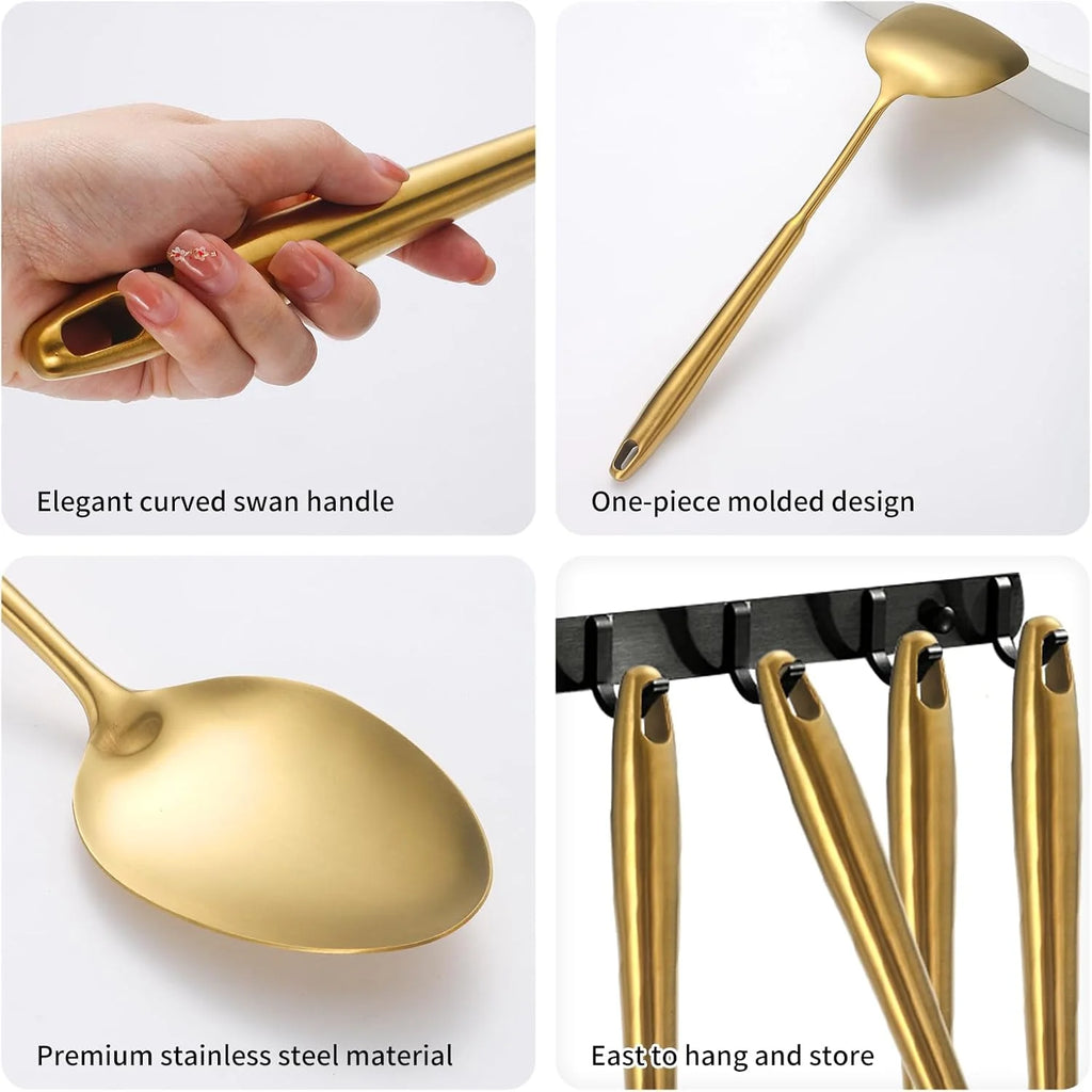 304 Stainlss Steel Kitchen Utensils Set 12 Pcs Long Metal Cooking Utensil Gadgets Tools Set with Spatula Ladle Spoon Ladle Skimmer Tunner Pasta Server Tongs(Silver Dishwasher Suitable) – Convenient Multi-Piece Set for Streamlined Everyday Routines