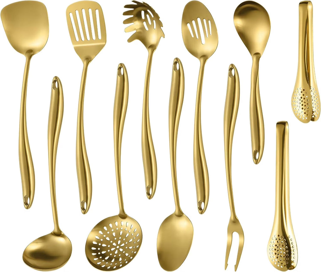 304 Stainless Steel Matte Kitchen Utensils Set 11 Pcs Long Metal Cooking Utensils Set Gold Cooking Utensils Set Dishwasher Suitable – Durable Stainless Steel Construction for Streamlined Everyday Routines