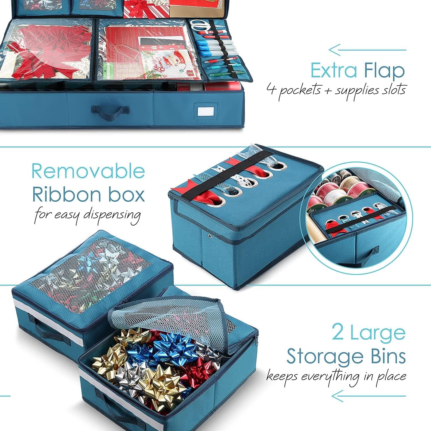 Wrapping Paper Storage Container with Ribbon Dispenser and Interior Pockets - Large Christmas Storage Containers with Wheels Fits 30 Rolls of 40" Length Blue – Everyday Household Format for Streamlined Everyday Routines