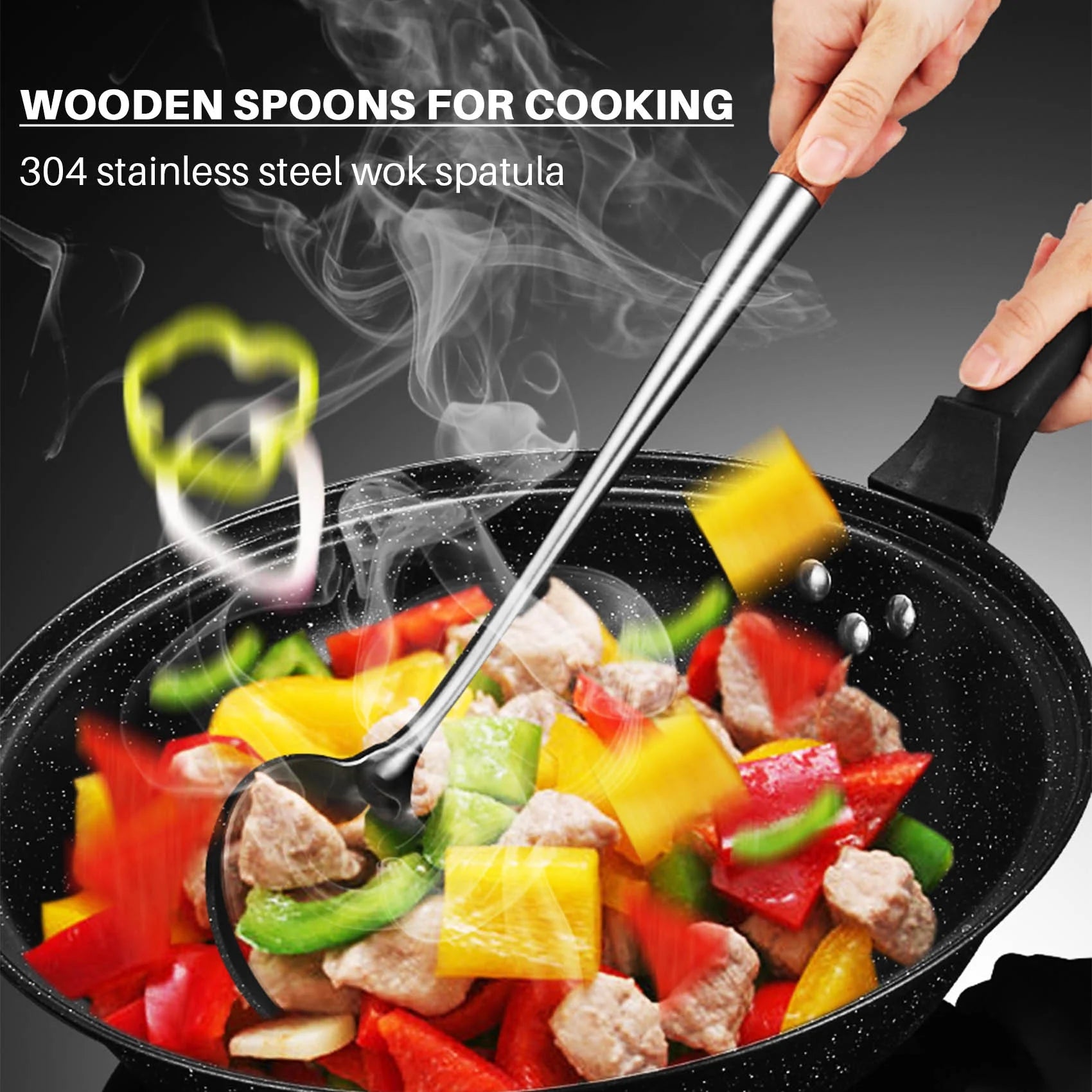 Long Handle Stainless Steel Wok Kitchen Slotted Turner Rice Spoon Ladle Cooking Tools Utensil Set – Convenient Carry Handles for Streamlined Everyday Routines