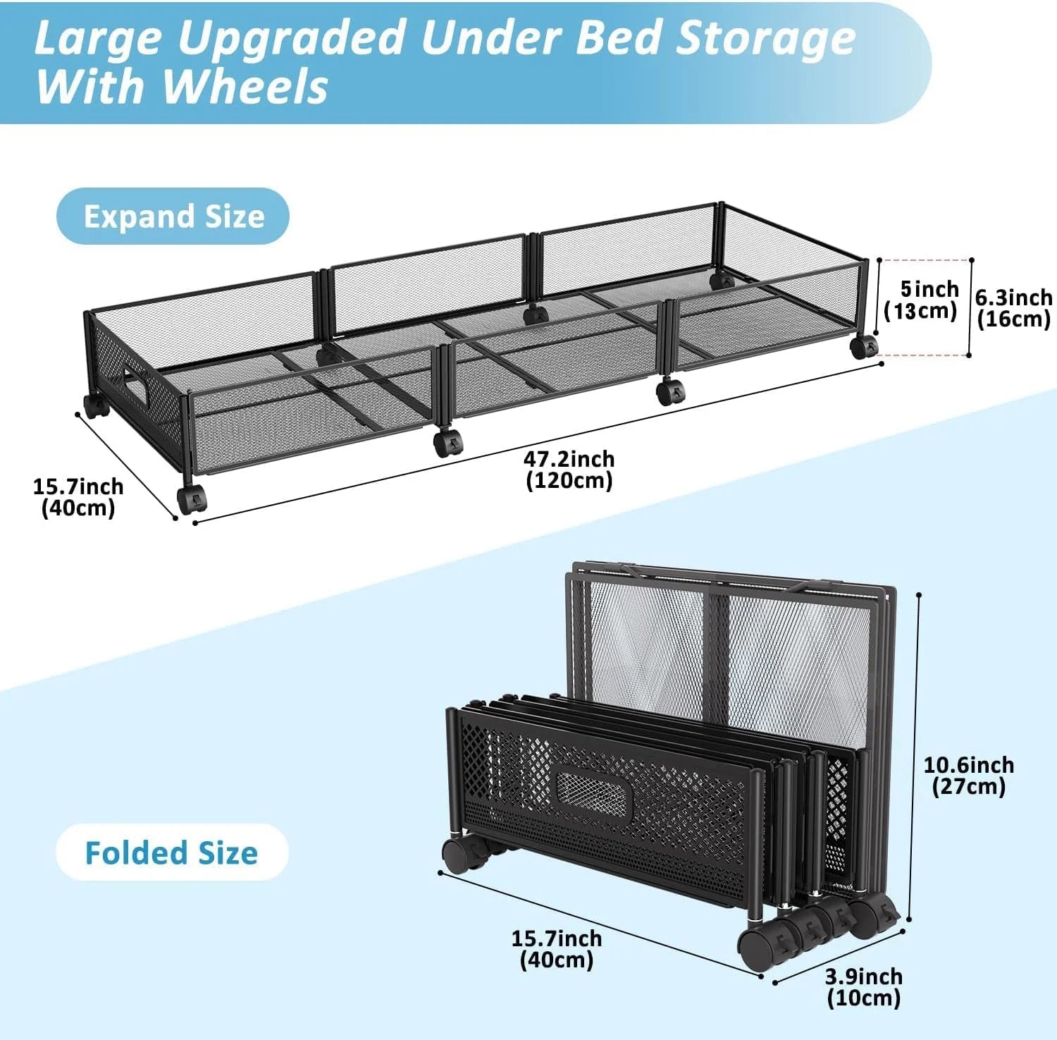 47.2'' Long Under Bed Storage on Wheels 57.6L Large Capacity Rolling Under the Bed Storage Containers Tool-Free Assembly Foldable Underbed Shoes Clothes Toy Drawers – Multiroom Organization Format for Streamlined Everyday Routines
