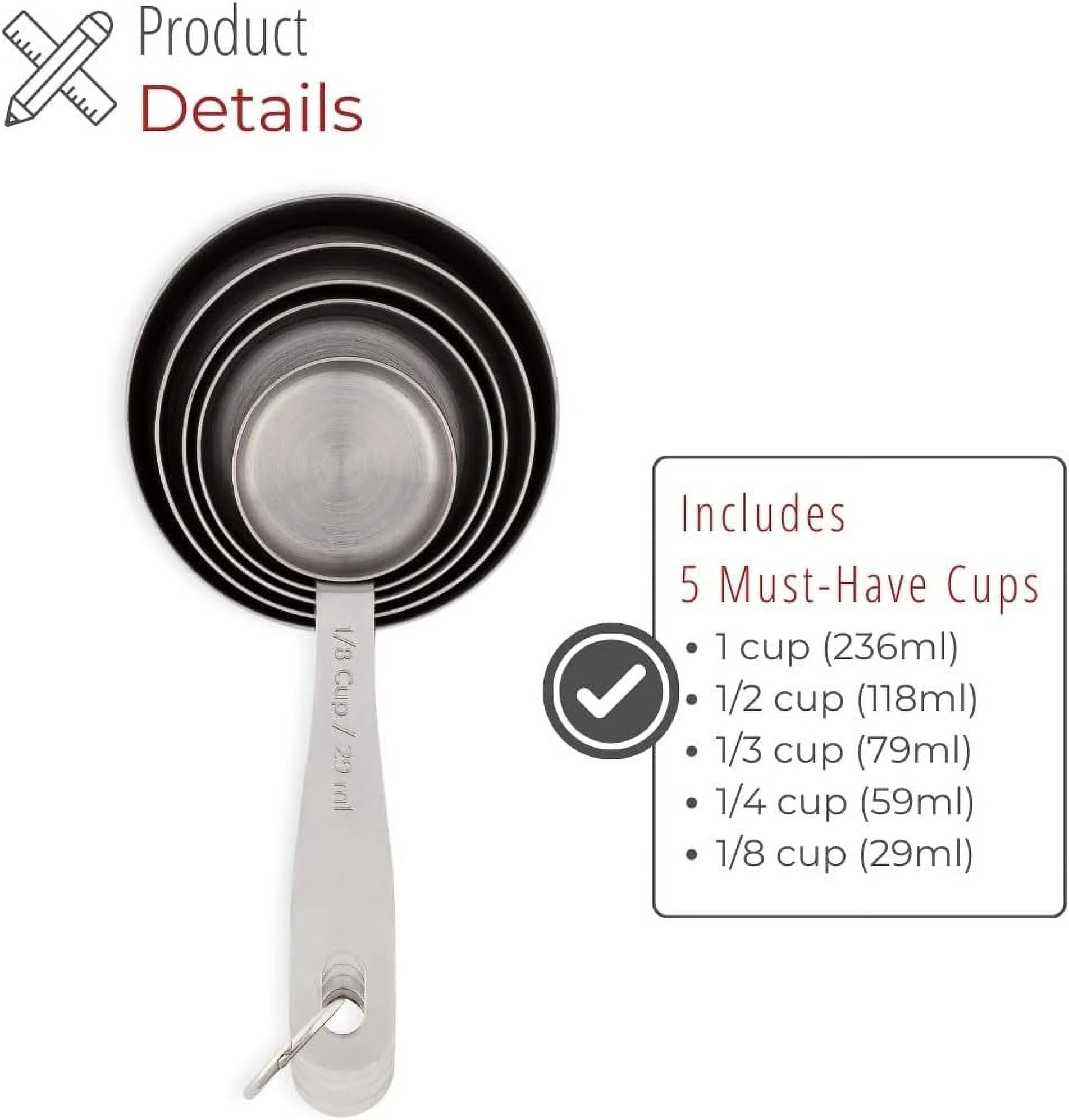 Stainless Steel Measuring Cups Heavy-Duty 5-Piece Set with Storage Ring – Kitchen Measuring Tools – Durable Stainless Steel Construction for Streamlined Everyday Routines