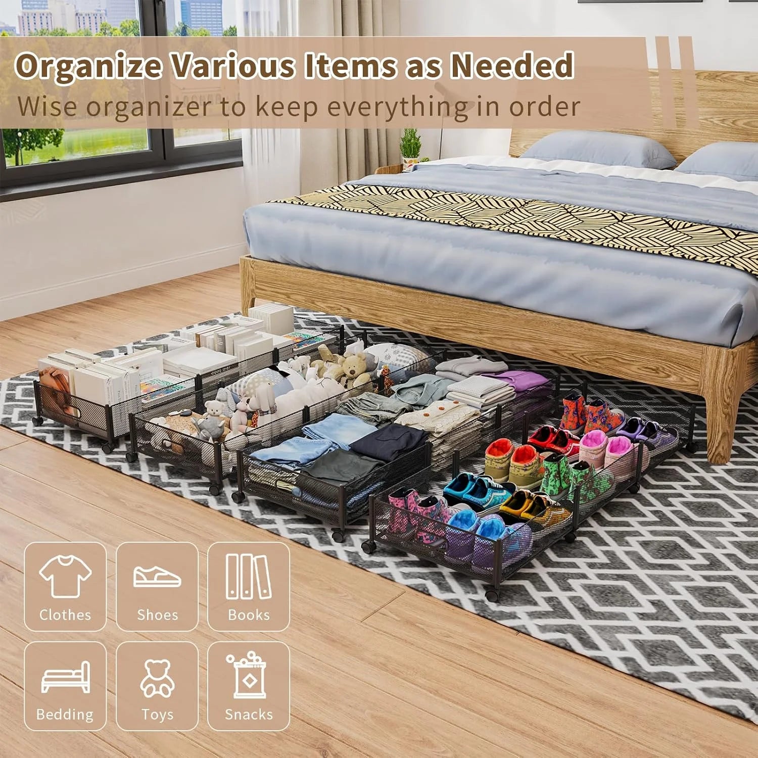 47.2'' Long Under Bed Storage on Wheels 57.6L Large Capacity Rolling Under the Bed Storage Containers Tool-Free Assembly Foldable Underbed Shoes Clothes Toy Drawers – Multiroom Organization Format for Streamlined Everyday Routines