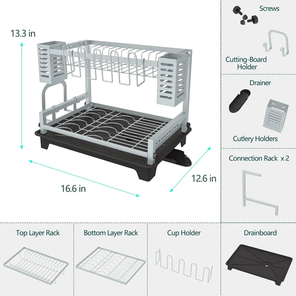 Dish Drying Rack: 2 Tier Dish Racks for Kitchen Counter and Sink - Large Dish Drying Rack with Drainboard & Utensil Holders - Stainless Steel Dish Drainers Kitchen Organization and – Durable Stainless Steel Construction for Streamlined Everyday Routines