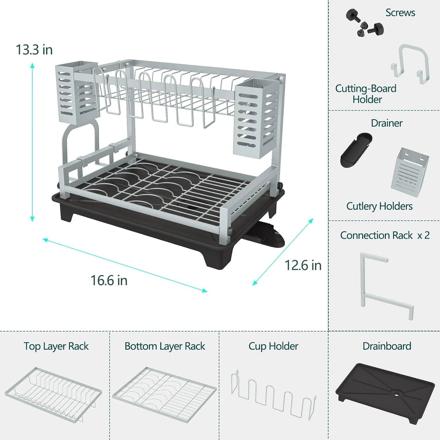 Dish Drying Rack: 2 Tier Dish Racks for Kitchen Counter and Sink - Large Dish Drying Rack with Drainboard & Utensil Holders - Stainless Steel Dish Drainers Kitchen Organization and – Durable Stainless Steel Construction for Streamlined Everyday Routines