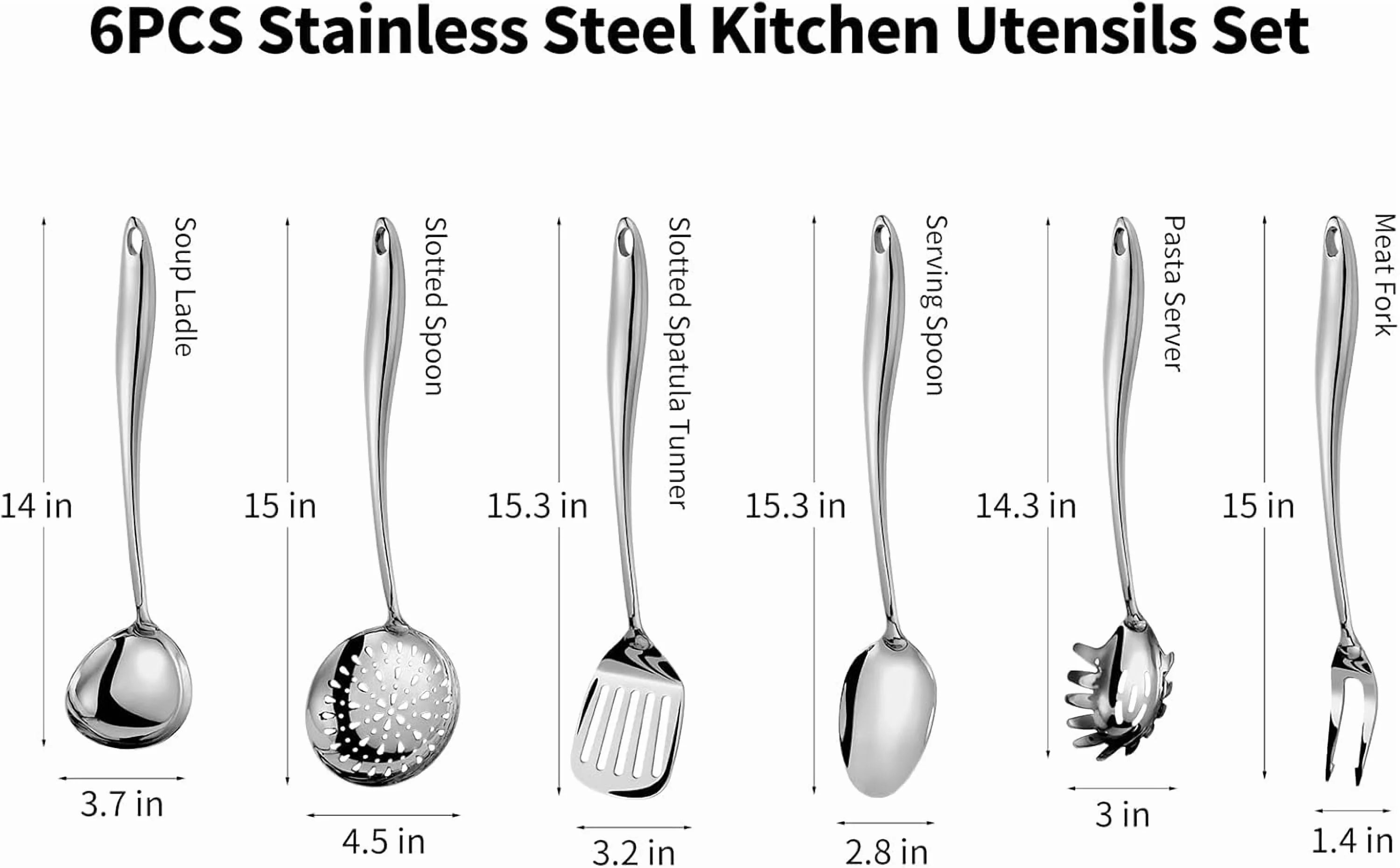 304 Stainless Steel Kitchen Utensils Set 6 Pcs Long Metal Cooking Utensil with Spatula Solid Spoon Ladle Skimmer Spaghetti Spoon Meat Fork Dishwasher Suitable – Durable Stainless Steel Construction for Streamlined Everyday Routines