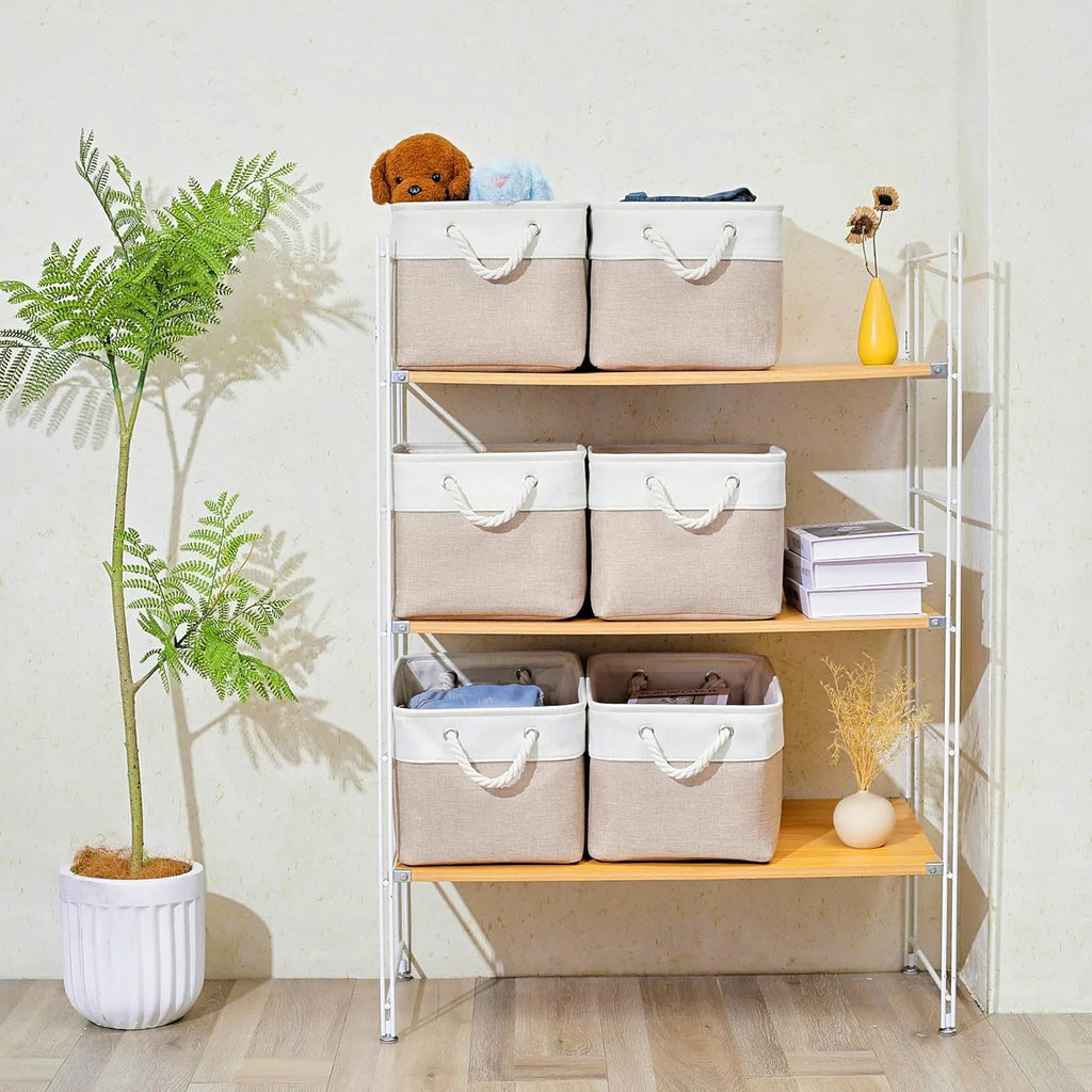 11 x 11 Inch Storage Cubes 6 Pack Large Collapsible Fabric Storage Bin White&Beige – Foldable Space-Saving Design for Streamlined Everyday Routines