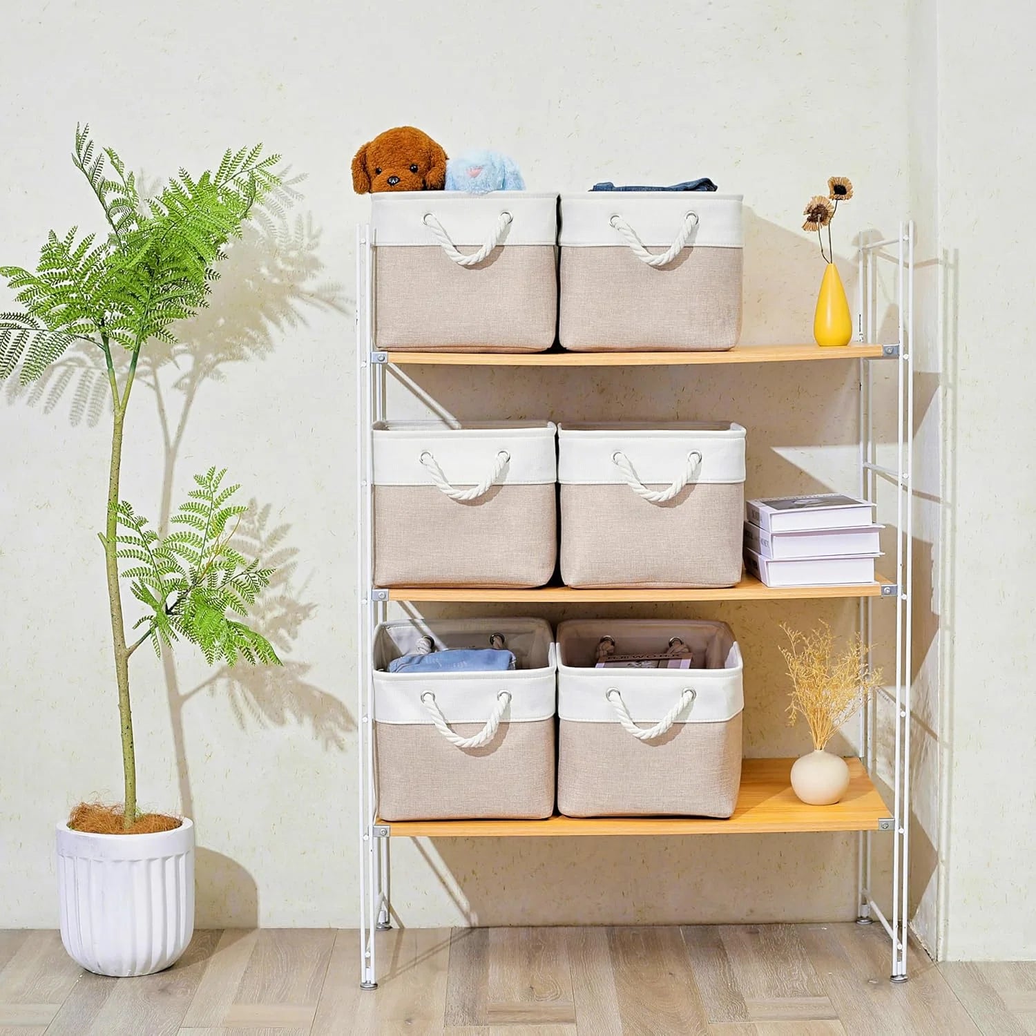 11 x 11 Inch Storage Cubes 6 Pack Large Collapsible Fabric Storage Bin White&Beige – Foldable Space-Saving Design for Streamlined Everyday Routines