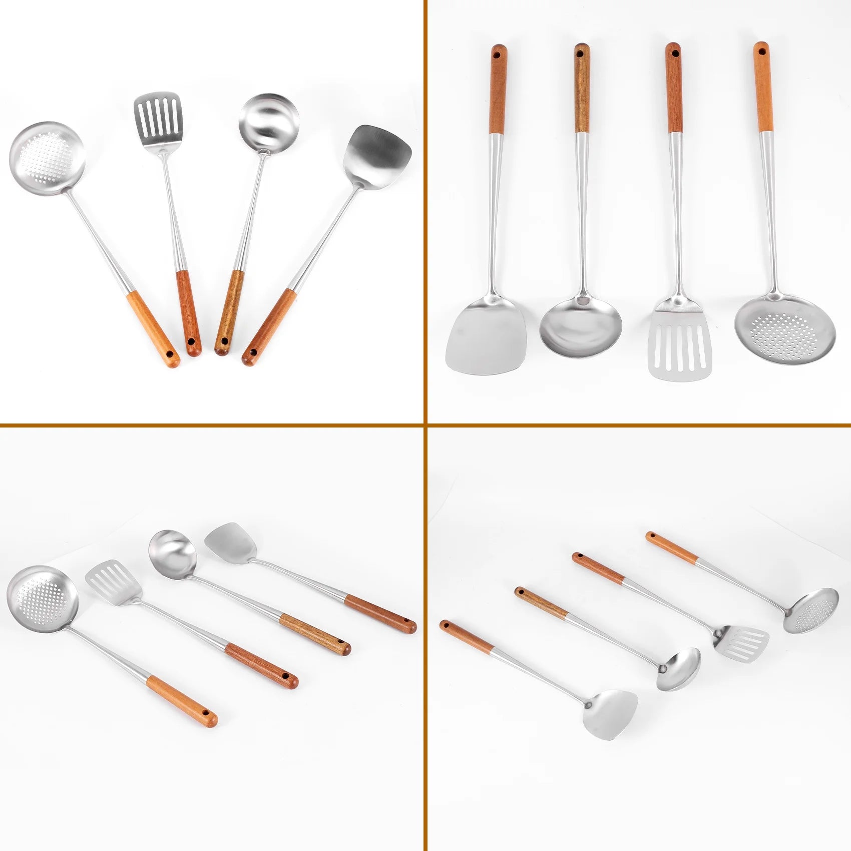 Long Handle Stainless Steel Wok Kitchen Slotted Turner Rice Spoon Ladle Cooking Tools Utensil Set – Convenient Carry Handles for Streamlined Everyday Routines