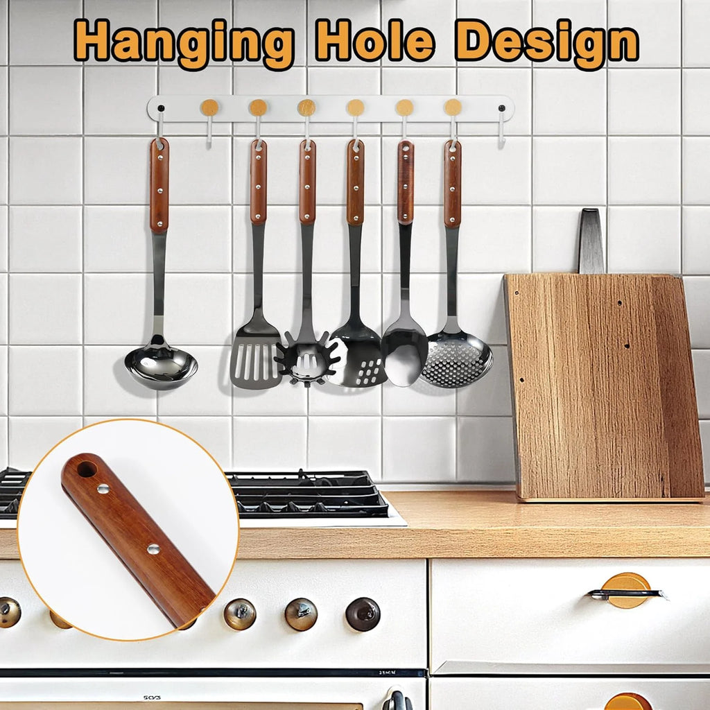 Stainless Steel Cooking Utensils Set Mirror Polished 6 Pieces Kitchen Utensils Set Kitchen Tools Set With Wooden Handle Non-Stick Heat Resistant,Dishwasher Suitable Easy to Clean – Convenient Carry Handles for Streamlined Everyday Routines