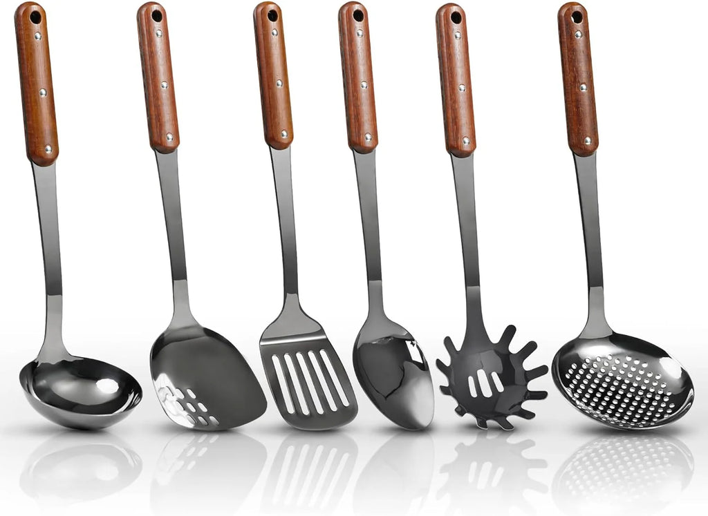 Stainless Steel Cooking Utensils Set Mirror Polished 6 Pieces Kitchen Utensils Set Kitchen Tools Set With Wooden Handle Non-Stick Heat Resistant,Dishwasher Suitable Easy to Clean – Convenient Carry Handles for Streamlined Everyday Routines
