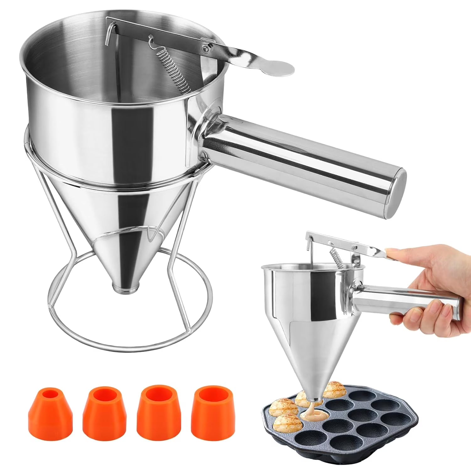 Stainless Steel Pancake Batter Dispenser with Squeeze Handle Kitchen Funnel Tools Pancake Dispenser for Pancakes Cupcakes Takoyaki and Baked Goods – Convenient Carry Handles for Streamlined Everyday Routines