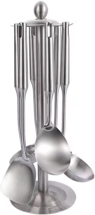 Well-crafted 7-Piece Gold Kitchen Utensil Set with Stand Stainless Steel Cooking Tools- Dishwasher Suitable Ladle Spoon Spatula Pasta Fork Luxury Brass Kitchen Accessories for Home – Durable Stainless Steel Construction for Streamlined Everyday Routines