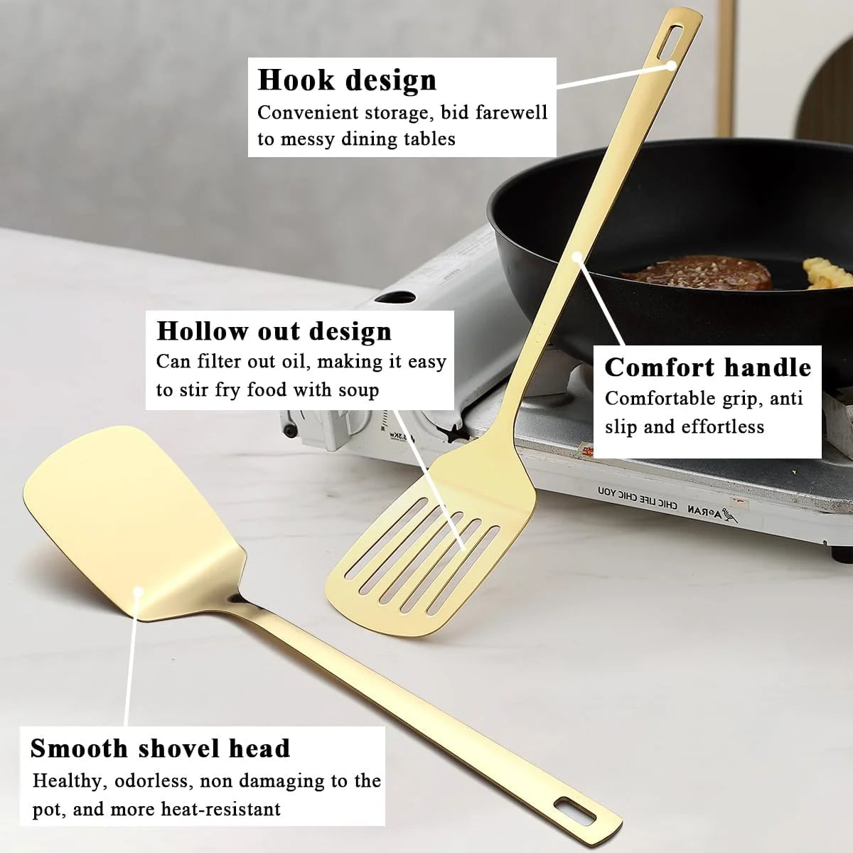 Gold Kitchen Utensils Set 6pcs Titanium Plating Stainless Steel Cooking Utensils Set Heavy Duty Kitchen Tools Spatulas Set Home Essentials Kitchen Gadgets Accessories – Durable Stainless Steel Construction for Streamlined Everyday Routines