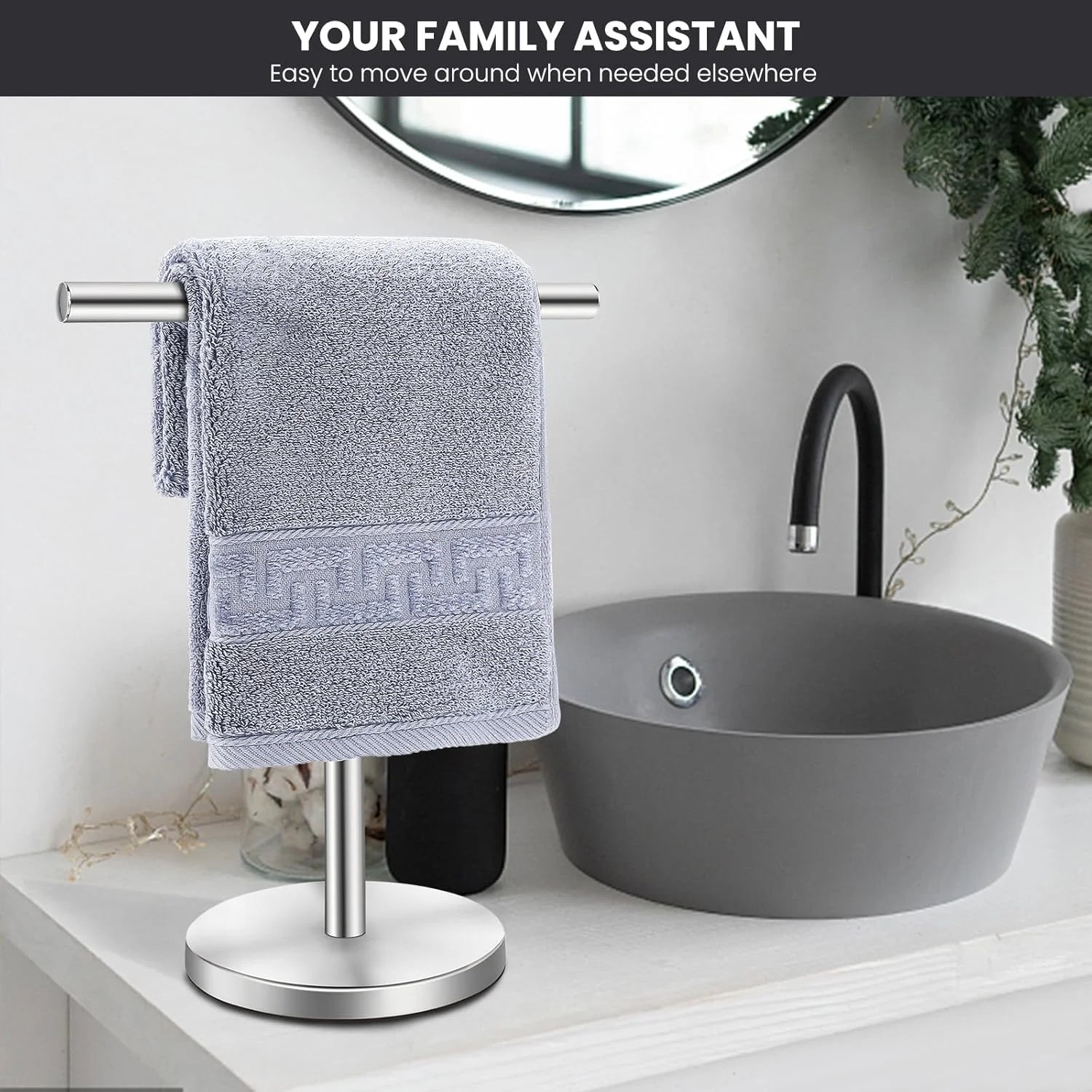 T-Shape Bath Hand Towel Holder Stand Stainless Steel Free Standing Hand Towel Rack with Heavy Base for Bathroom Kitchen & Countertop Matte Black – Durable Stainless Steel Construction for Streamlined Everyday Routines