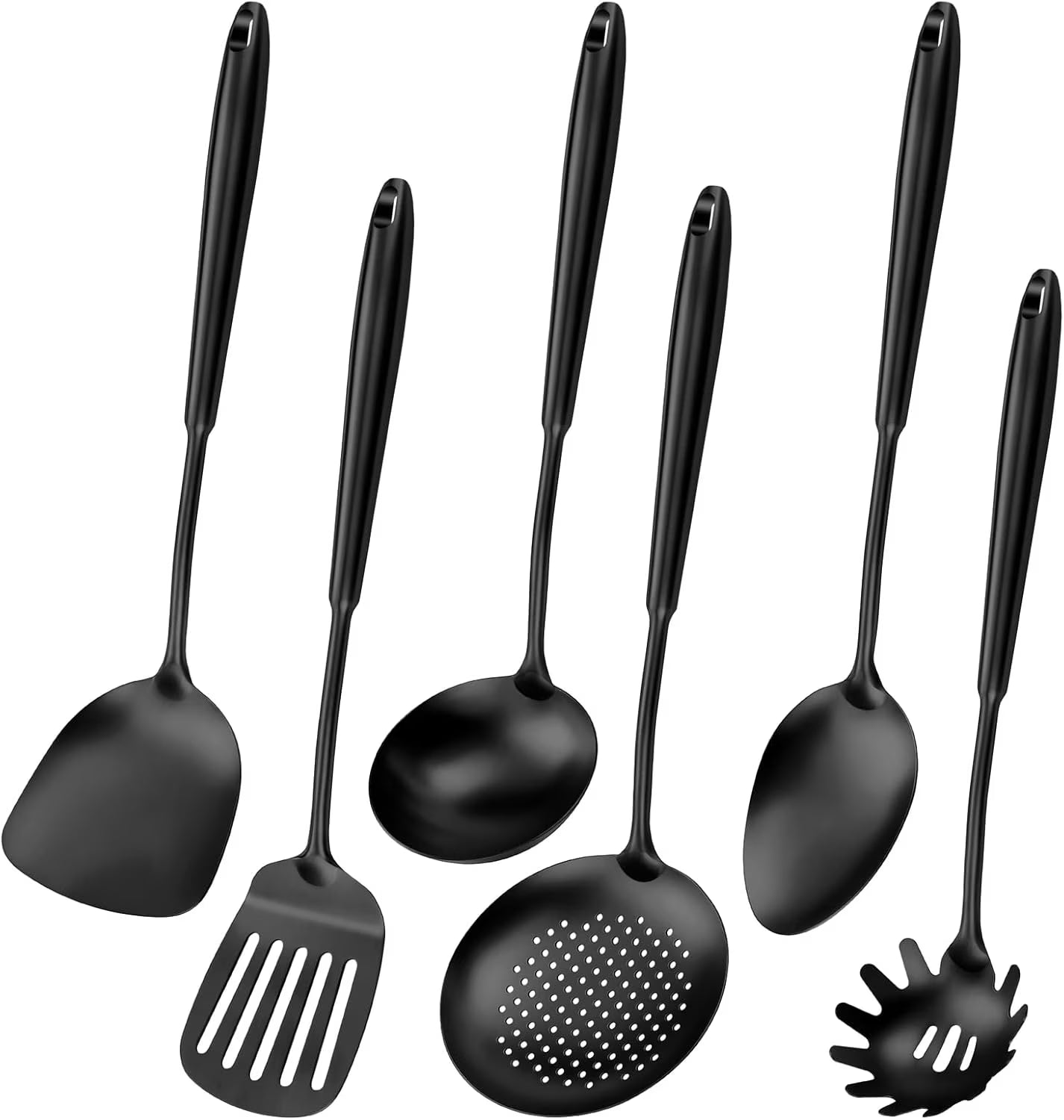 304 Stainless Steel Cooking Utensils,6 Pcs Kitchen Cooking Utensils Set with Spatula Solid Spoon Ladle Skimmer Spaghetti Spoon,Dishwasher Suitable(Black) – Durable Stainless Steel Construction for Streamlined Everyday Routines