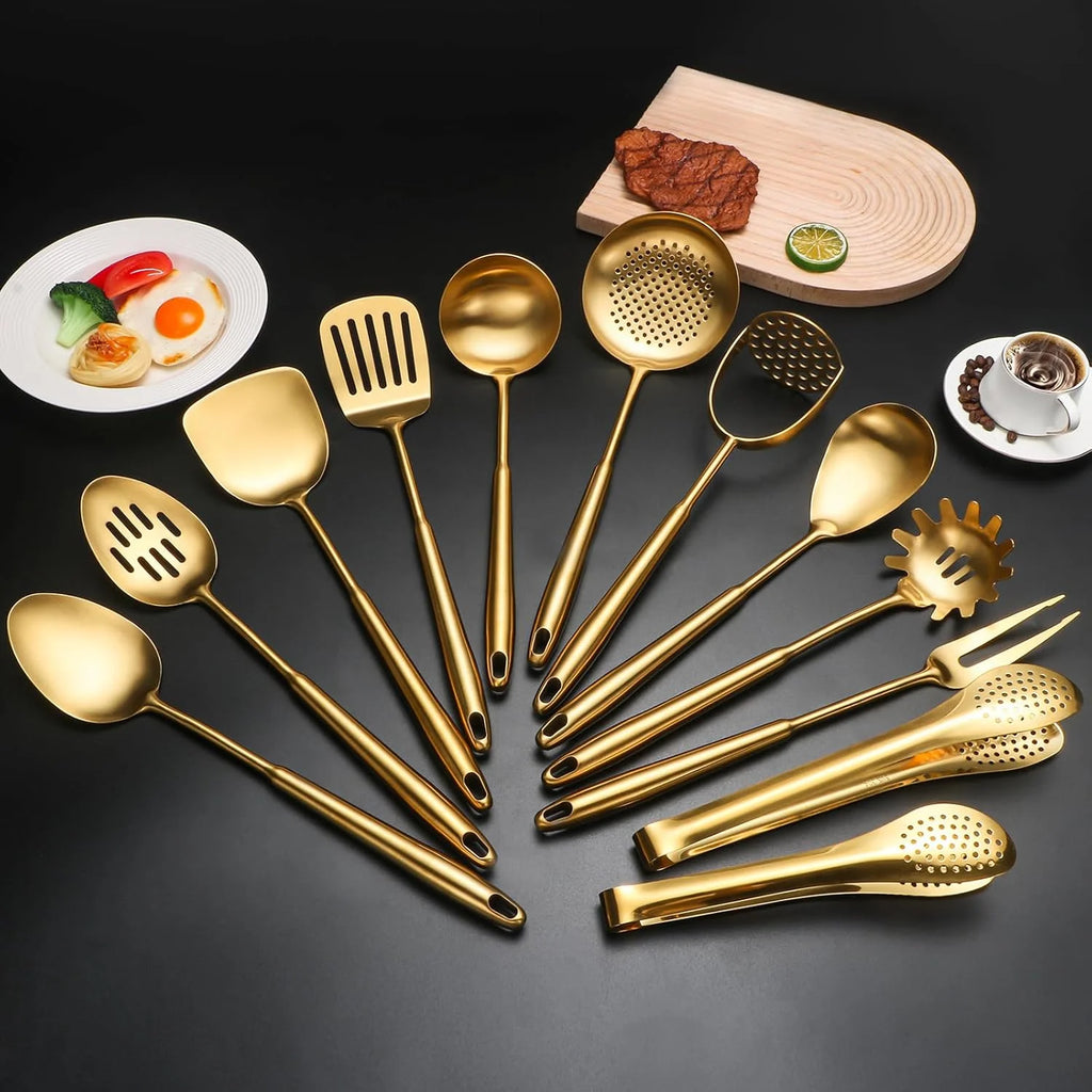 304 Stainlss Steel Kitchen Utensils Set 12 Pcs Long Metal Cooking Utensil Gadgets Tools Set with Spatula Ladle Spoon Ladle Skimmer Tunner Pasta Server Tongs(Silver Dishwasher Suitable) – Convenient Multi-Piece Set for Streamlined Everyday Routines