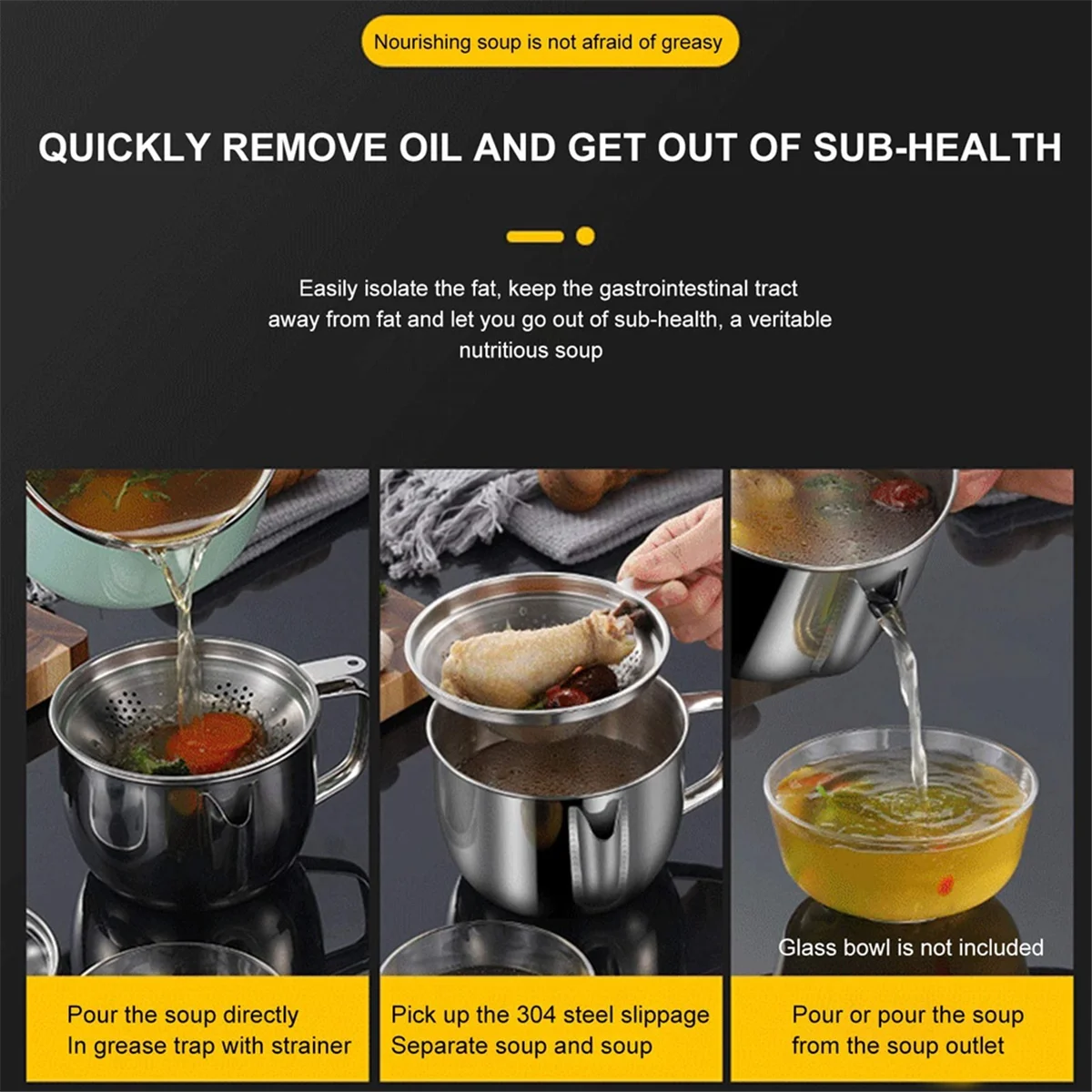 Stainless Steel Fat Separator 1L/4 Cup Gravy Grease with Strainer and Glass Lid Soup Oil Cup – Durable Stainless Steel Construction for Streamlined Everyday Routines
