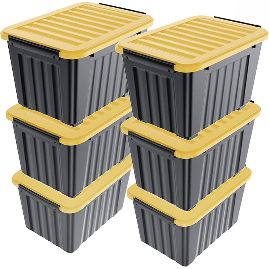 72Quart Plastic Storage Bin Stackable and Nestable Storage Boxes with White Lids and Secure Latching Buckles Large Storage Container (Black/Yellow 72Quart-6Pack) – Stackable Organization for Streamlined Everyday Routines