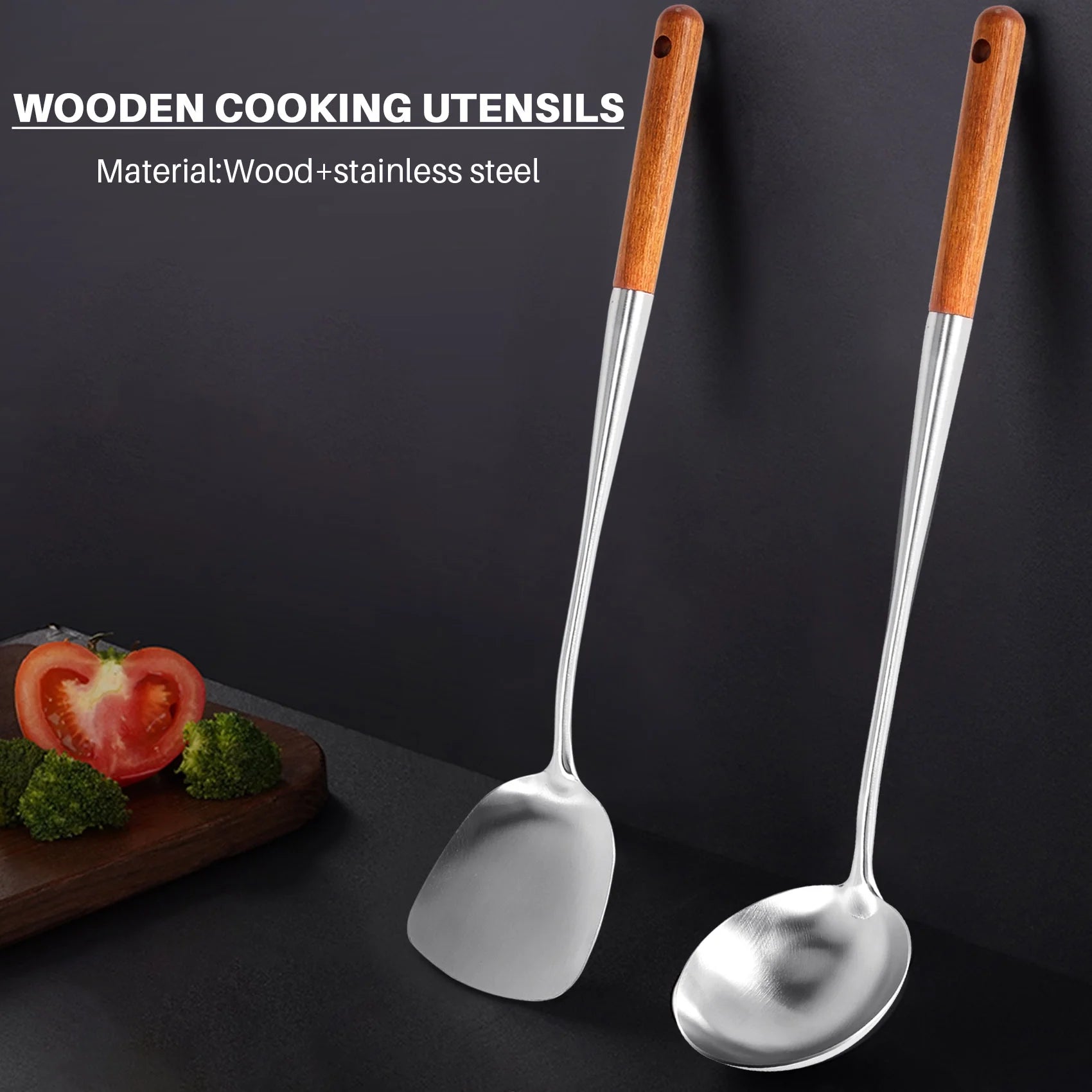 Long Handle Stainless Steel Wok Kitchen Slotted Turner Rice Spoon Ladle Cooking Tools Utensil Set – Convenient Carry Handles for Streamlined Everyday Routines