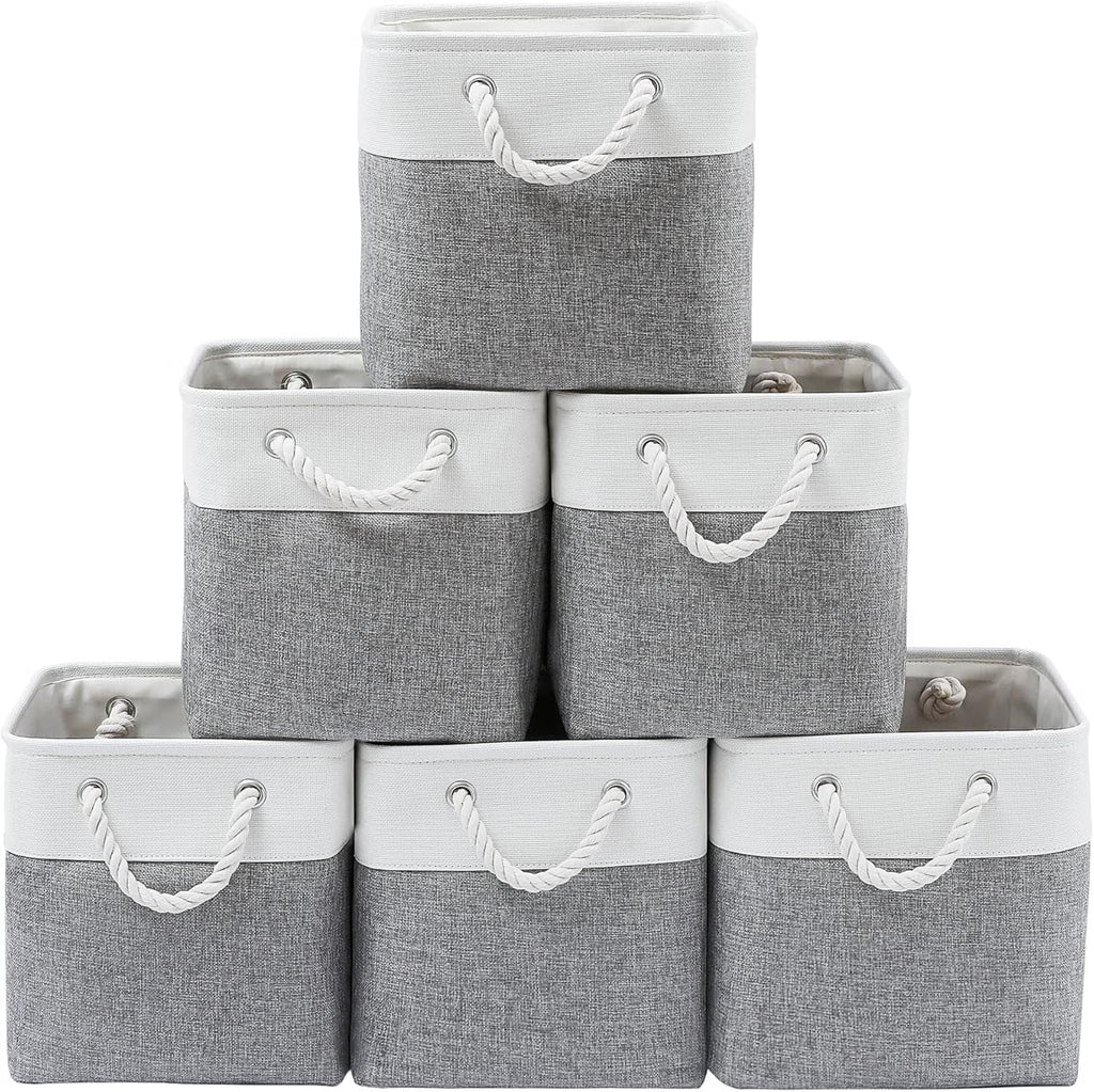 13 x 13 Inch Cube Storage Bins 6 Pack Extra Large Collapsible Fabric Storage Bin with Ropes Foldable Storage Cubes for Home (White & Beige-13"x13"x13") – Foldable Space-Saving Design for Streamlined Everyday Routines
