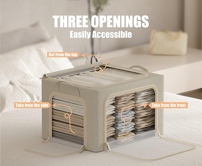 3 Openings Clothes Storage Bins with Metal Frame Foldable Storage Bin for Clothes Clothing Storage Bins with Lid Linen Storage Box With Clear Window＆ Zippers＆ Durable Handles.(3 – Multiroom Organization Format for Streamlined Everyday Routines