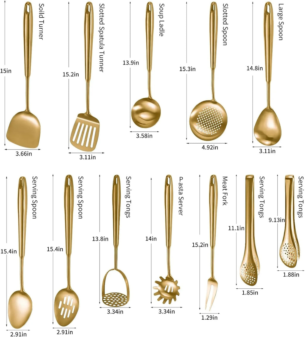 304 Stainlss Steel Kitchen Utensils Set 12 Pcs Long Metal Cooking Utensil Gadgets Tools Set with Spatula Ladle Spoon Ladle Skimmer Tunner Pasta Server Tongs(Silver Dishwasher Suitable) – Convenient Multi-Piece Set for Streamlined Everyday Routines