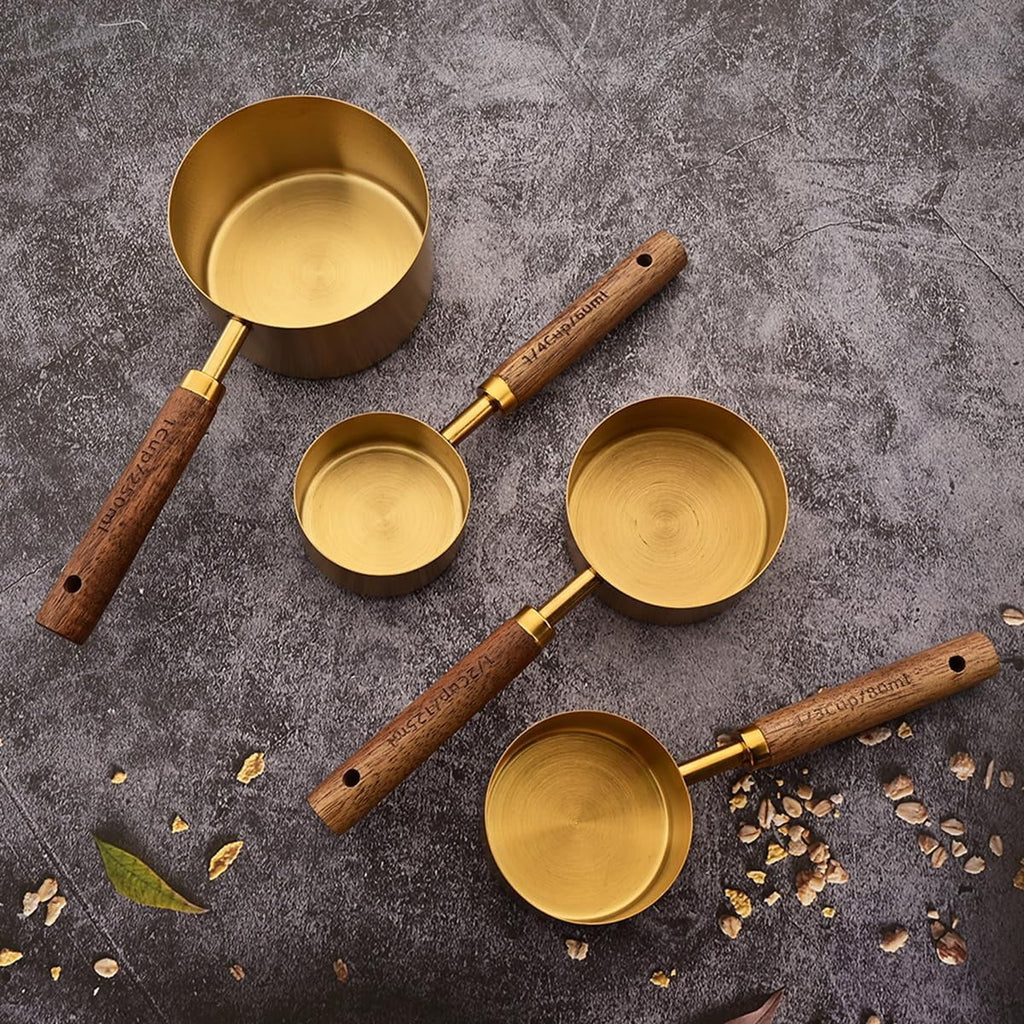 8 pieces Golden Measuring Cups Set and Measuring Spoons Set with Scale Wooden Handle Stainless Steel Dry & Liquid Measuring Cup for Cooking Baking – Convenient Carry Handles for Streamlined Everyday Routines