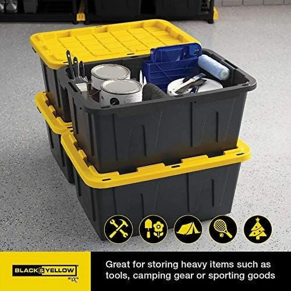 BLACK & YELLOW 27-Gallon Heavy Duty Tough Storage Container & Snap-Tight Lid (14.3"H x 20.6"W x 30.6"D) Weather-Resistant Design and Stackable Organization Tote [4 Pack] – Stackable Organization for Streamlined Everyday Routines