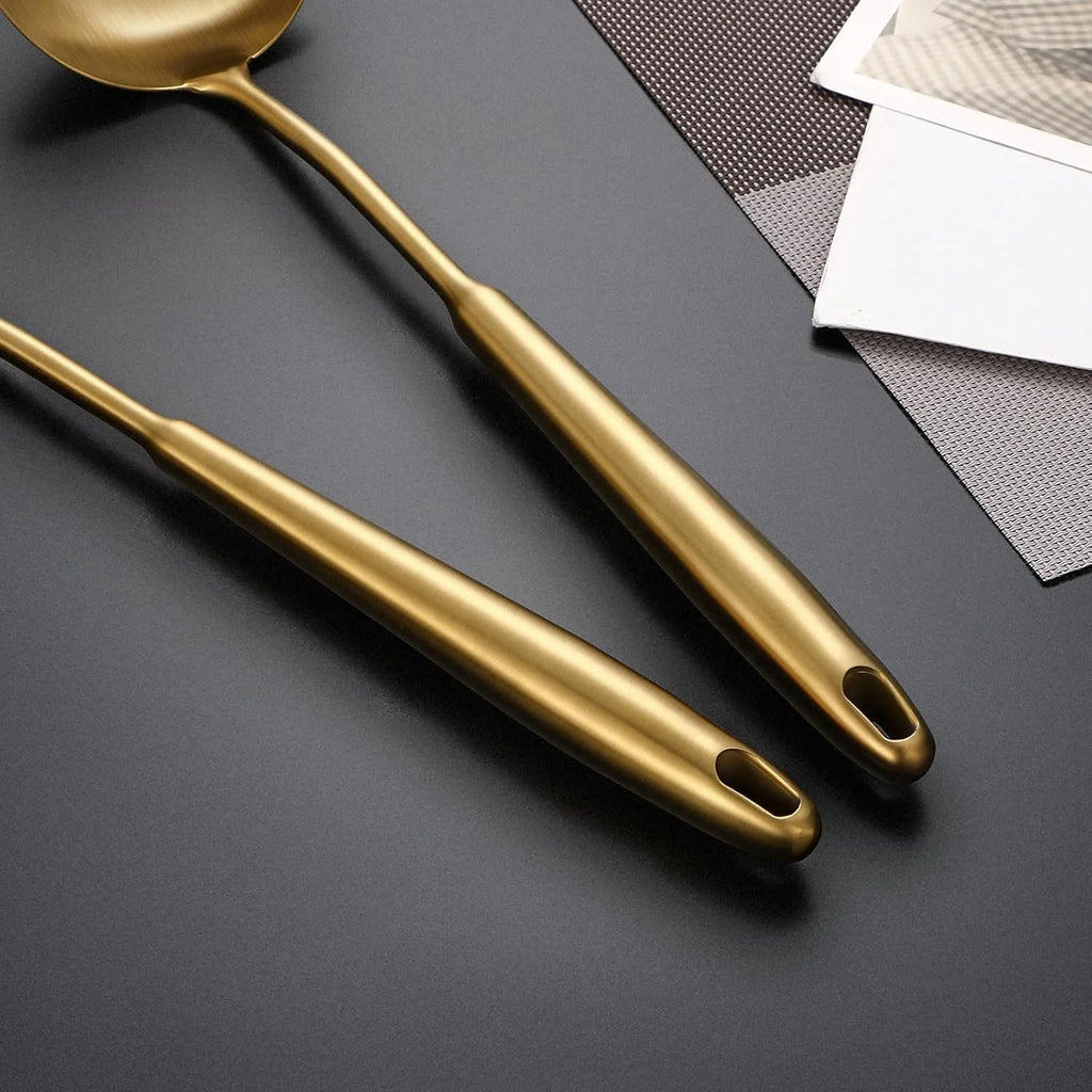 304 Stainless Steel Cooking Utensils,6 Pcs Kitchen Cooking Utensils Set with Spatula Solid Spoon Ladle Skimmer Spaghetti Spoon,Dishwasher Suitable(Gold) – Durable Stainless Steel Construction for Streamlined Everyday Routines