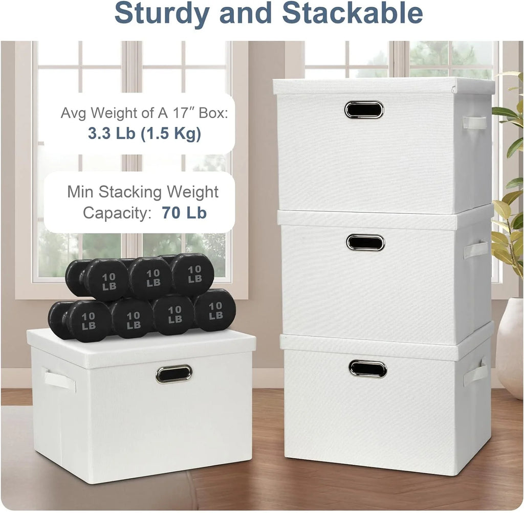Large 17" 36 Quart Collapsible Stackable Storage Bins with Lids 3 Packs White Linen Fabric Closet Boxes with Lids Storage Cube Baskets Container Organizers for Bedroom Office(17 x12 x11) – Multiroom Organization Format for Streamlined Everyday Routines