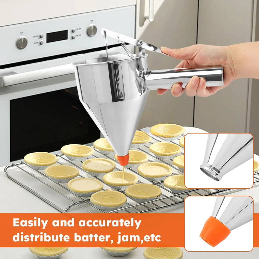 Stainless Steel Pancake Batter Dispenser with Squeeze Handle Kitchen Funnel Tools Pancake Dispenser for Pancakes Cupcakes Takoyaki and Baked Goods – Convenient Carry Handles for Streamlined Everyday Routines