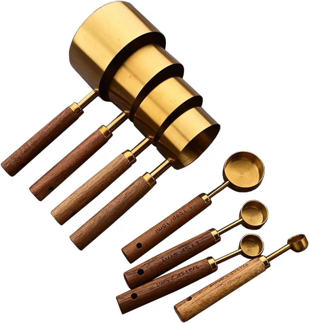 8 pieces Golden Measuring Cups Set and Measuring Spoons Set with Scale Wooden Handle Stainless Steel Dry & Liquid Measuring Cup for Cooking Baking – Convenient Carry Handles for Streamlined Everyday Routines