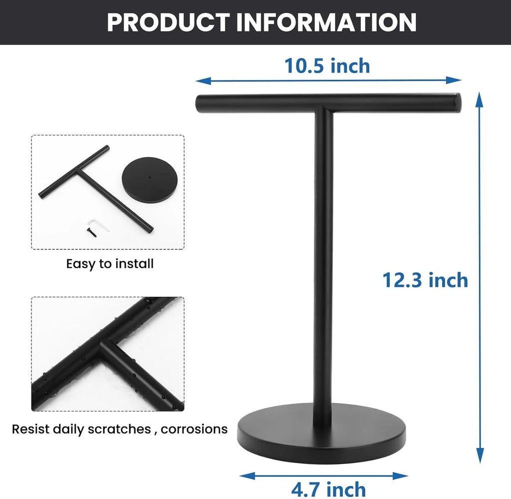 T-Shape Bath Hand Towel Holder Stand Stainless Steel Free Standing Hand Towel Rack with Heavy Base for Bathroom Kitchen & Countertop Matte Black – Durable Stainless Steel Construction for Streamlined Everyday Routines