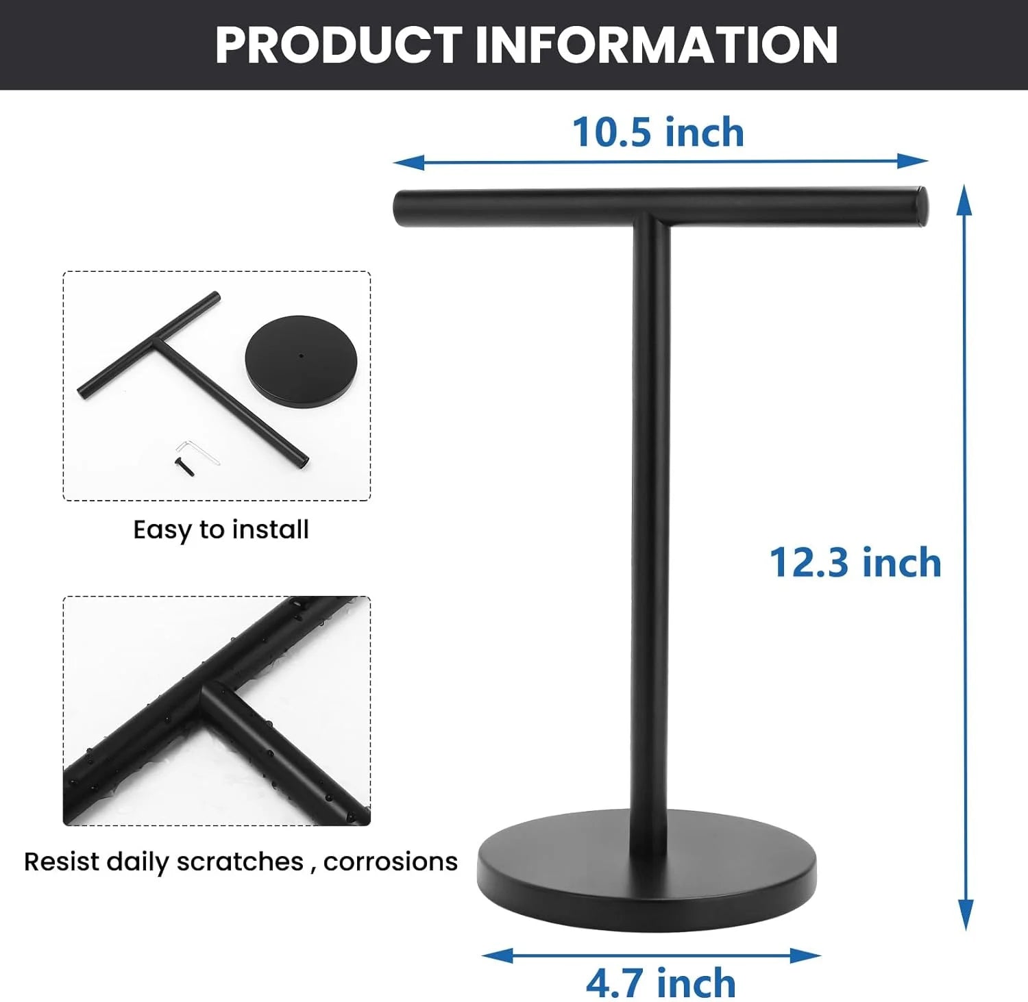 T-Shape Bath Hand Towel Holder Stand Stainless Steel Free Standing Hand Towel Rack with Heavy Base for Bathroom Kitchen & Countertop Matte Black – Durable Stainless Steel Construction for Streamlined Everyday Routines