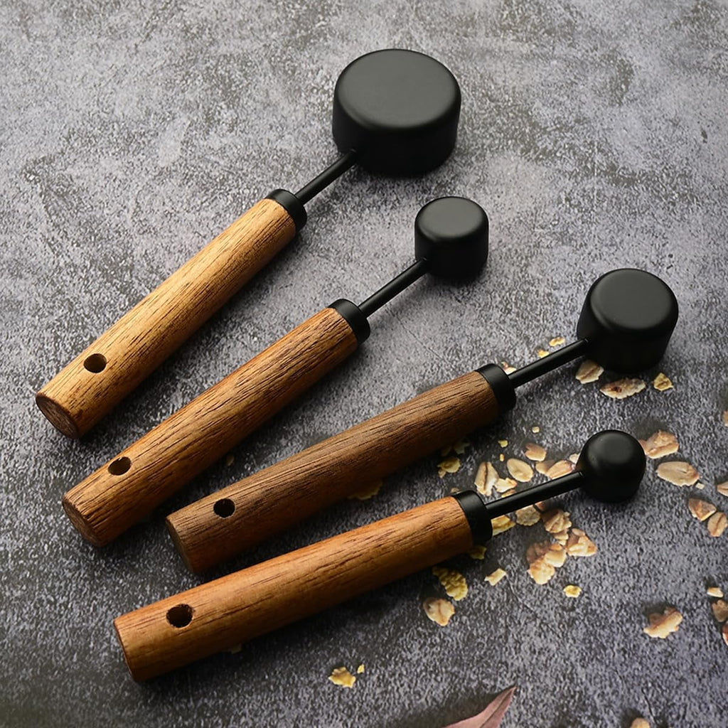 8 pieces Golden Measuring Cups Set and Measuring Spoons Set with Scale Wooden Handle Stainless Steel Dry & Liquid Measuring Cup for Cooking Baking – Convenient Carry Handles for Streamlined Everyday Routines