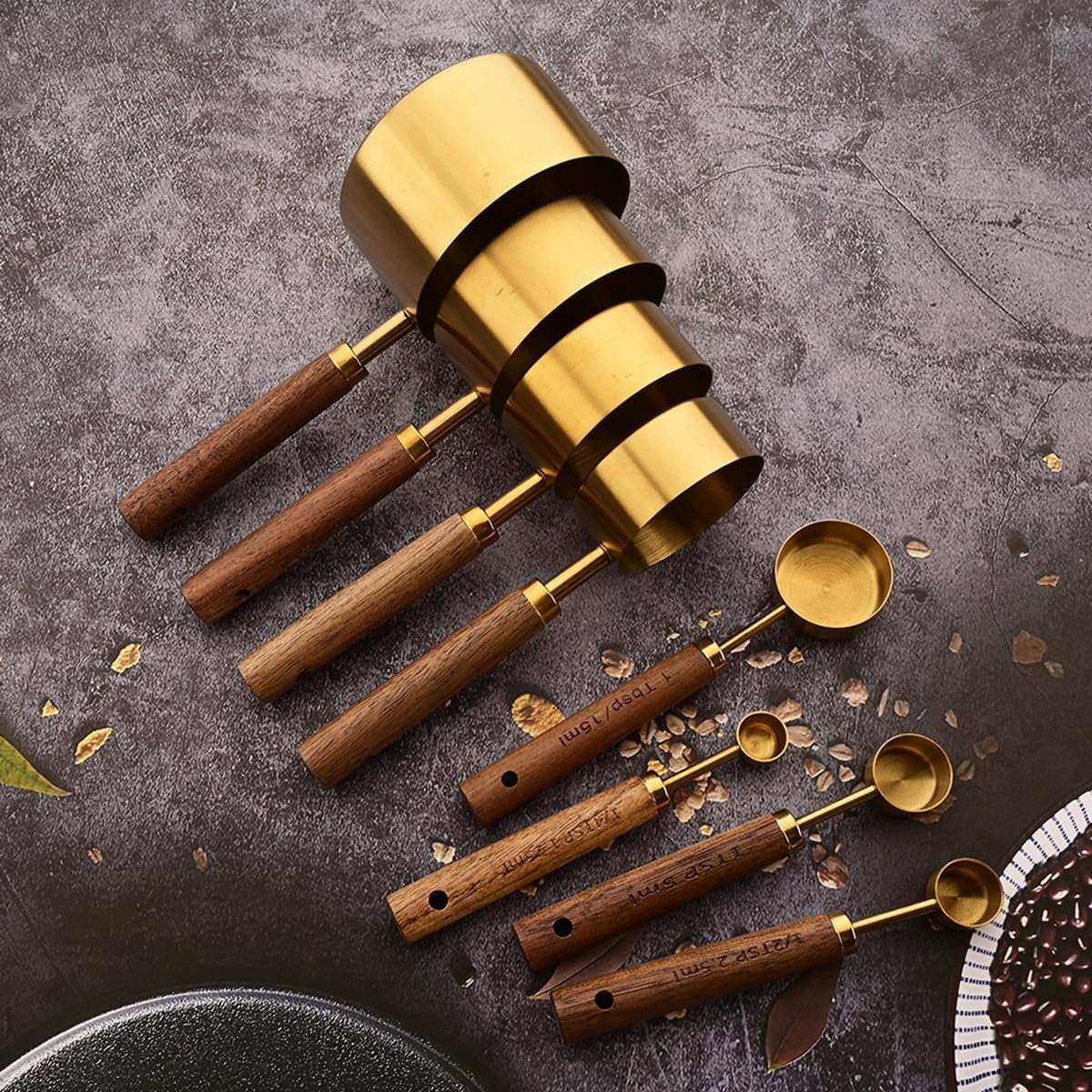 8 pieces Golden Measuring Cups Set and Measuring Spoons Set with Scale Wooden Handle Stainless Steel Dry & Liquid Measuring Cup for Cooking Baking – Convenient Carry Handles for Streamlined Everyday Routines