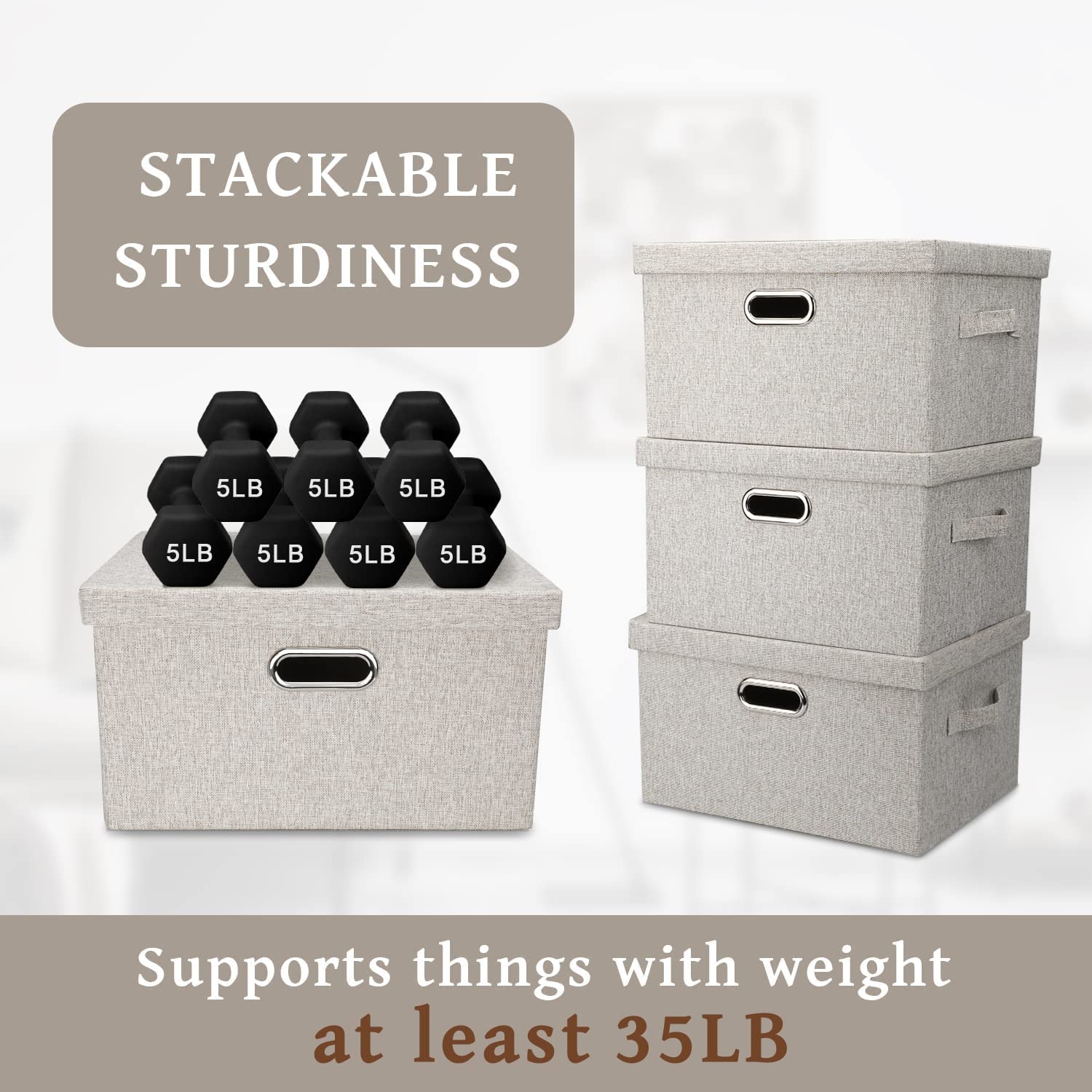 Medium 15" 21 Quart Collapsible Stackable Storage Bins with Lids 5 Packs Beige Foldable Fabric Closet Boxes Heavy-duty Lidded Linen Cube Baskets Container Organizers and Storage – Everyday Household Format for Streamlined Everyday Routines