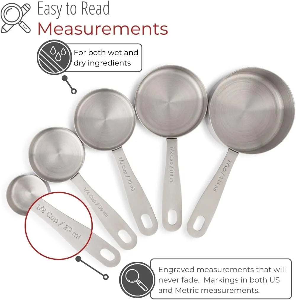 Stainless Steel Measuring Cups Heavy-Duty 5-Piece Set with Storage Ring – Kitchen Measuring Tools – Durable Stainless Steel Construction for Streamlined Everyday Routines
