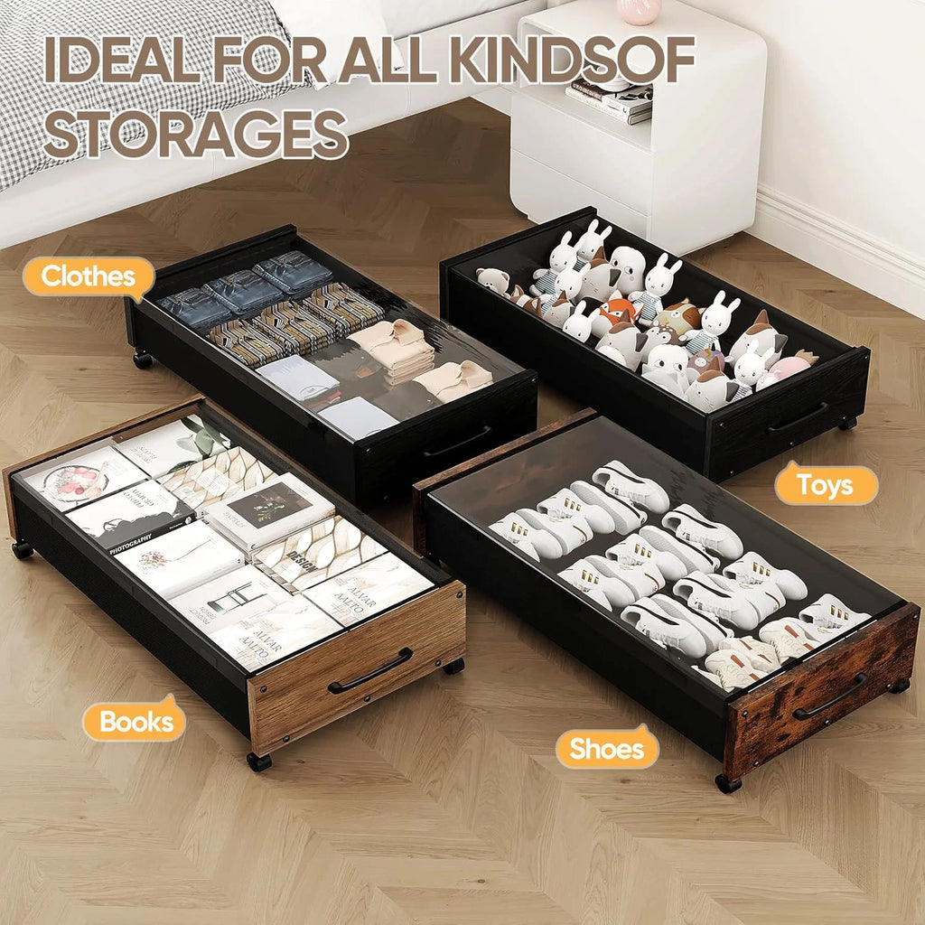 Wooden Under Bed Storage with Wheels Rolling Under the Bed Storage Bins with Removable Lid Metal Under Bed Drawers for Clothes and Shoes in Bedroom or Living Room(Black Wood-2pack) – Easy-Roll Mobility for Streamlined Everyday Routines