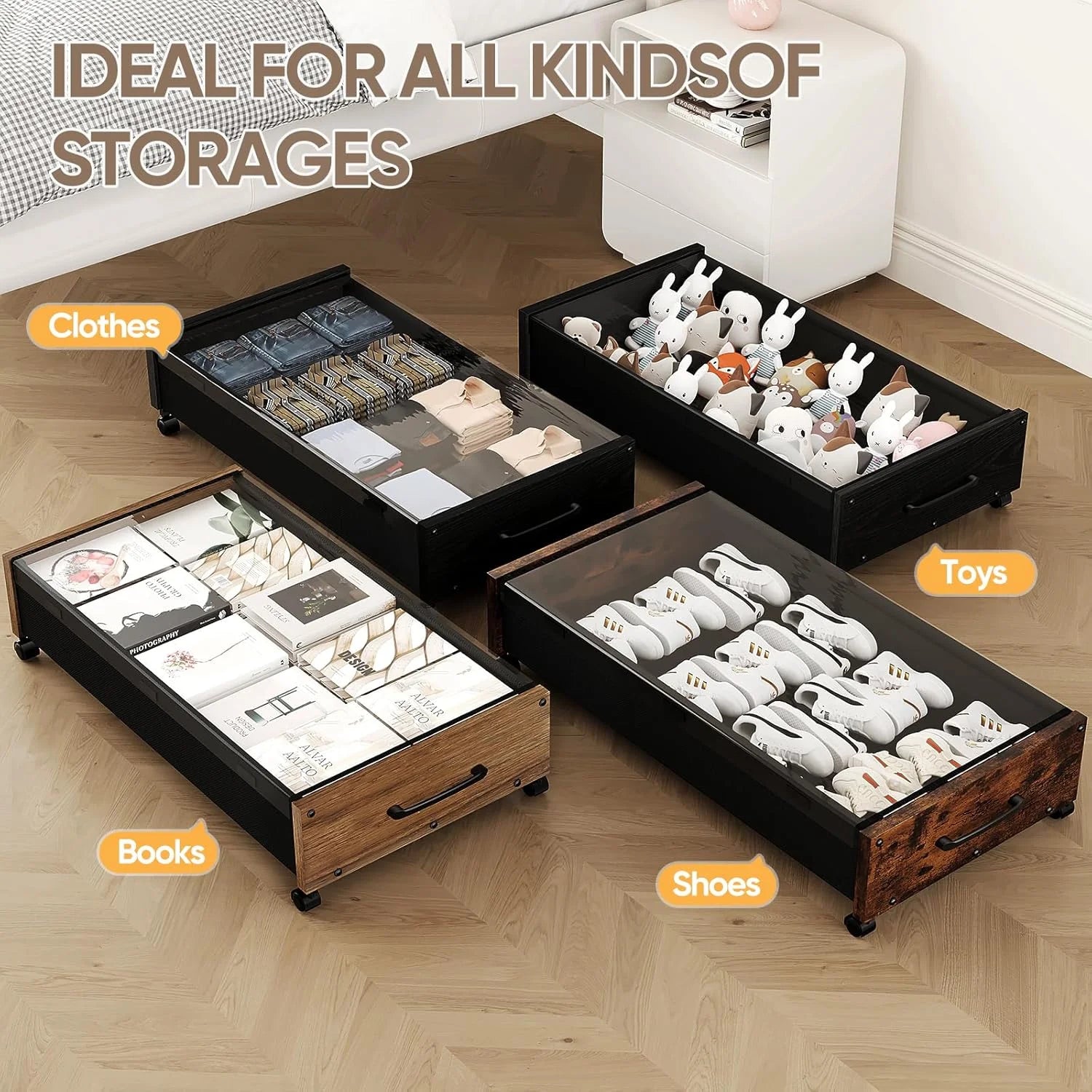 Wooden Under Bed Storage with Wheels Rolling Under the Bed Storage Bins with Removable Lid Metal Under Bed Drawers for Clothes and Shoes in Bedroom or Living Room(Black Wood-2pack) – Easy-Roll Mobility for Streamlined Everyday Routines