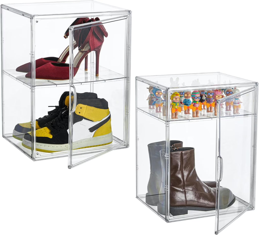 XXX-Large Clear Acrylic Display Case Boot Shoe Storage Boxes With An Adjustable Divider,2 Pack 2 Tiers Clear Plastic Stackable Storage Bins With Lids Big Display Acrylic Box With Magnetic – Multiroom Organization Format for Streamlined Everyday Routines