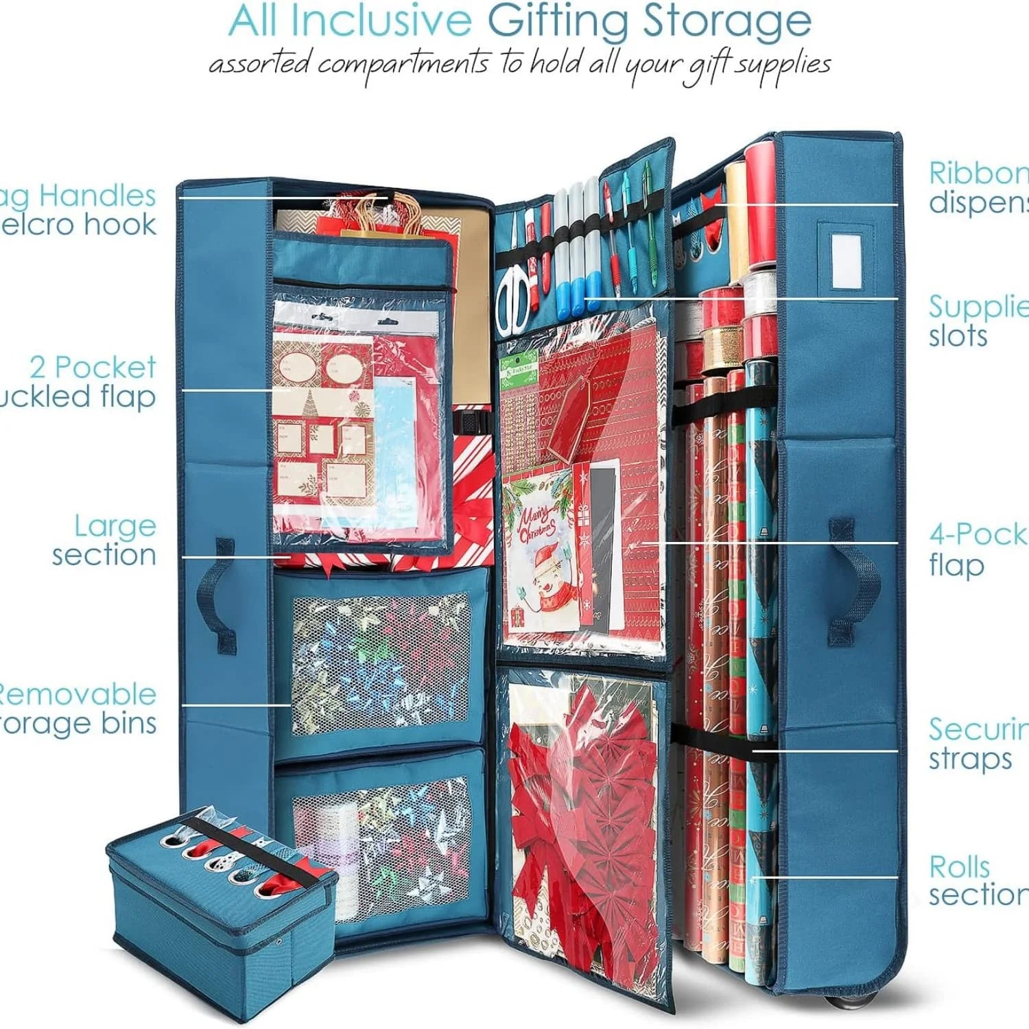 Wrapping Paper Storage Container with Ribbon Dispenser and Interior Pockets - Large Christmas Storage Containers with Wheels Fits 30 Rolls of 40" Length Blue – Everyday Household Format for Streamlined Everyday Routines